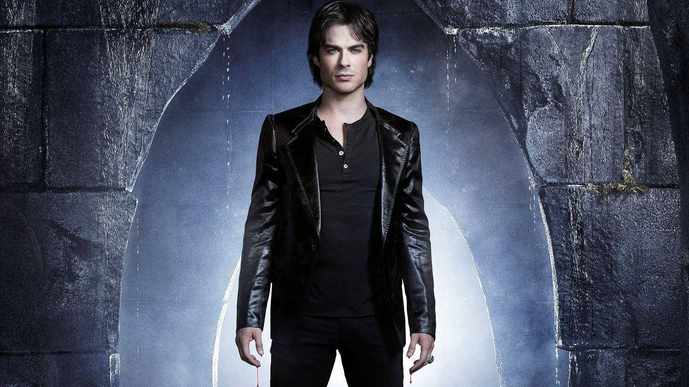 Stefan Salvatore, black leather jacket, dark stone archway, HD Desktop Wallpaper