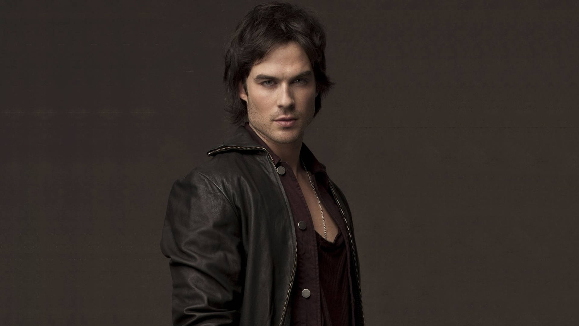 Stefan Salvatore, black leather jacket, maroon shirt, Full HD Desktop Wallpaper