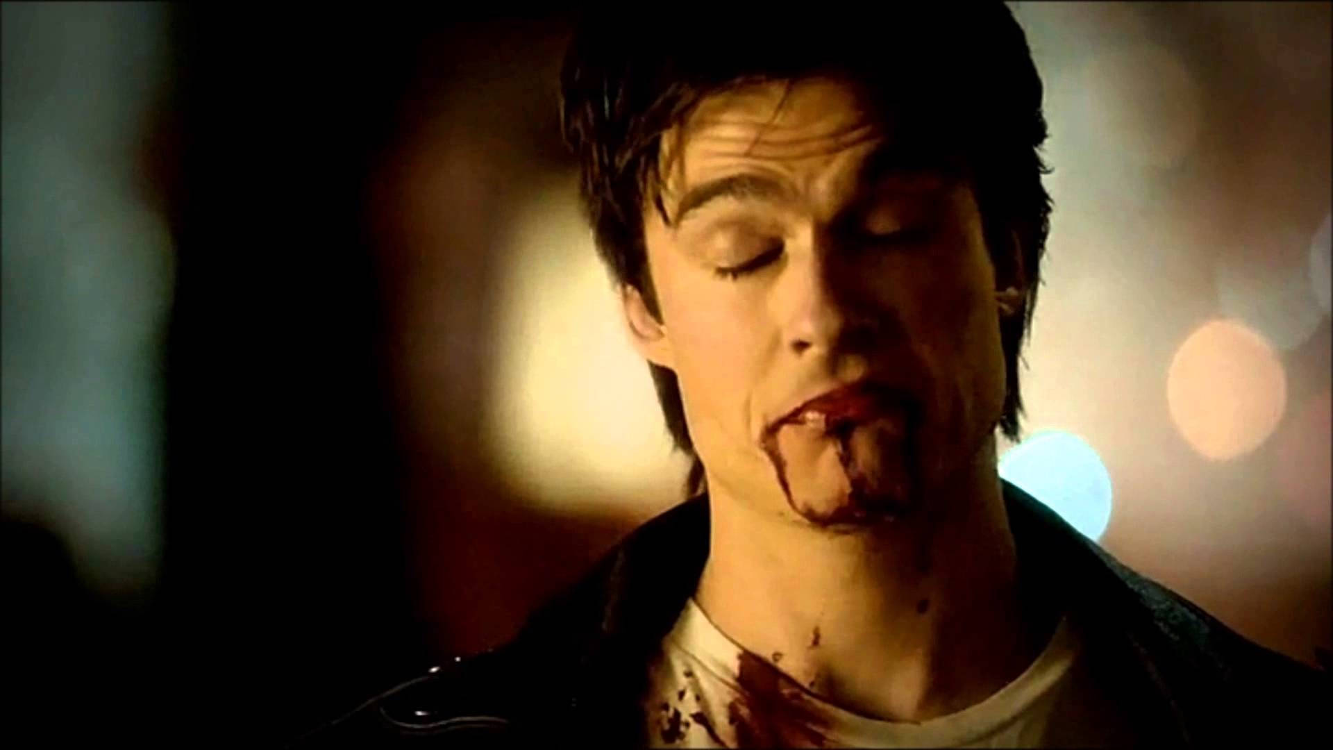 Stefan Salvatore, blood dripping from his mouth, blurred bokeh background, Full HD Desktop Wallpaper