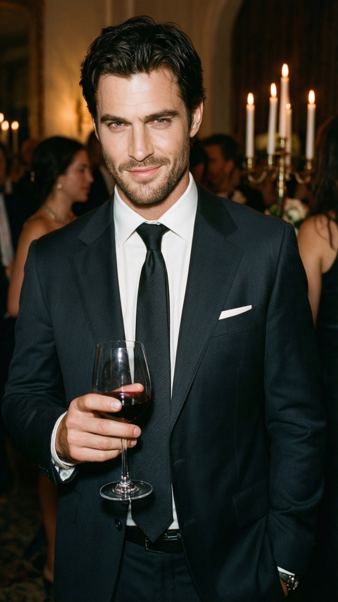 Stefan Salvatore, black suit, red wine, Full HD Phone Wallpaper