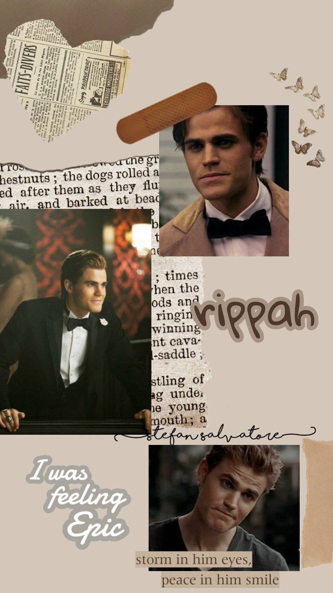 Stefan Salvatore, vintage scrapbook, torn newspaper text, Full HD Phone Wallpaper