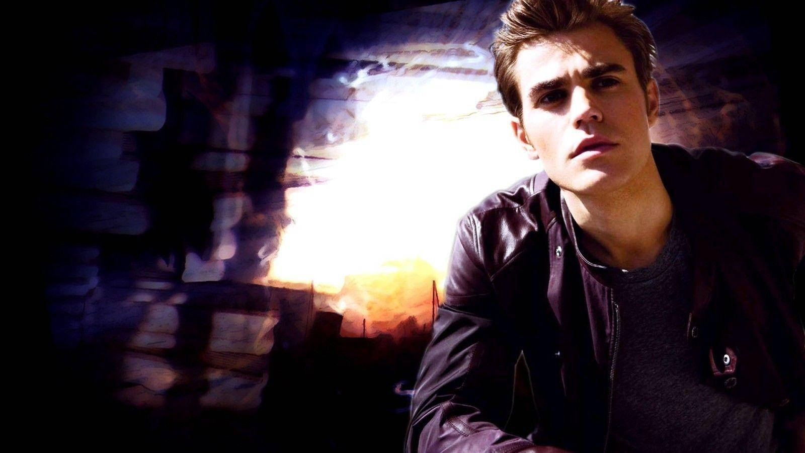 Stefan Salvatore, leather jacket, dark, fiery background, HD Desktop Wallpaper
