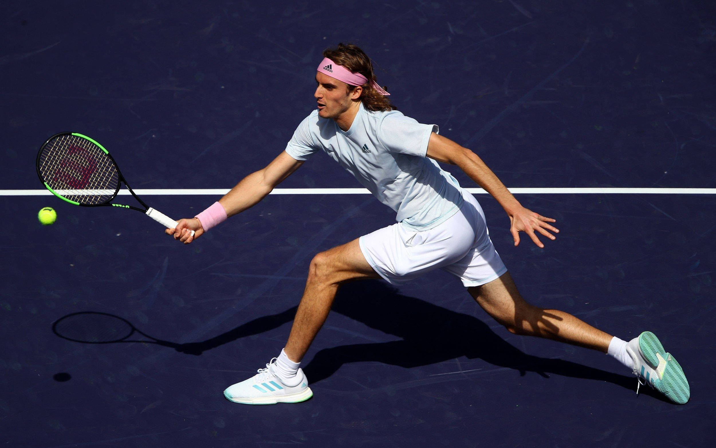 Stefanos Tsitsipas, blue court, green ball, Full HD Desktop Wallpaper