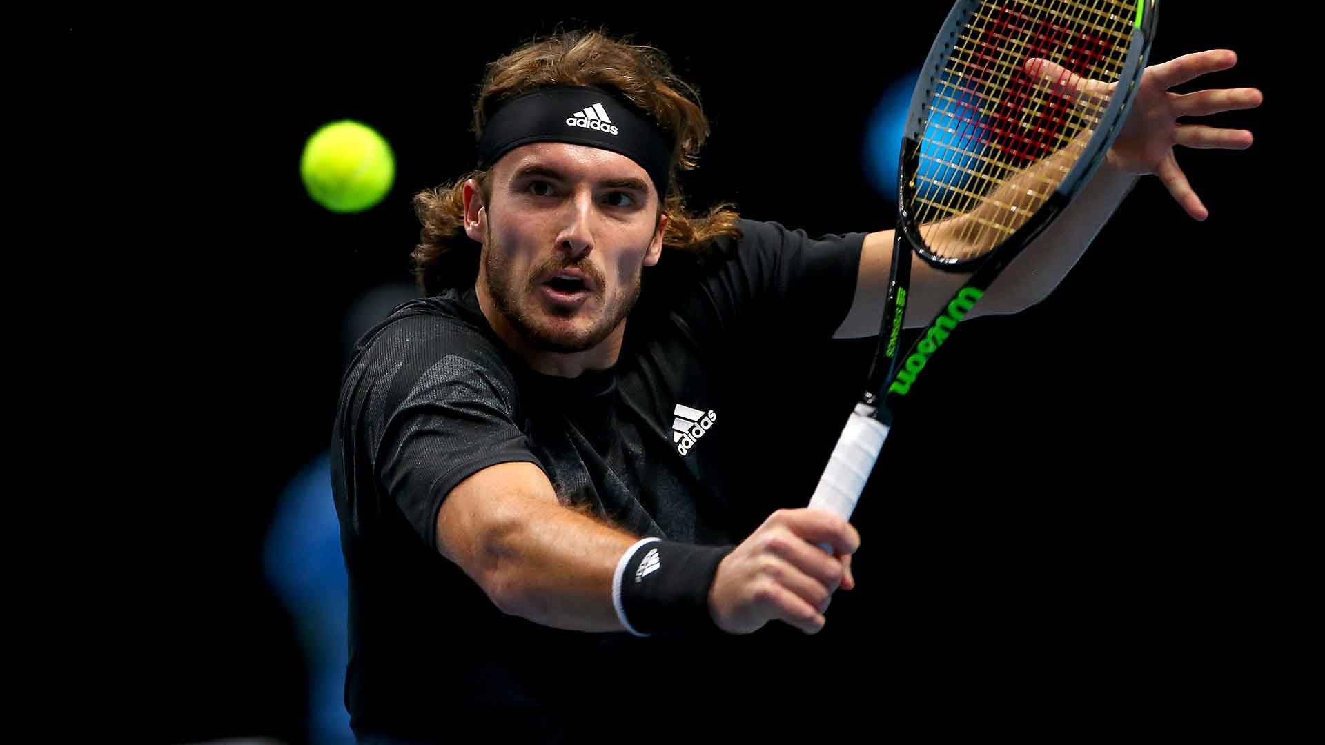 Stefanos Tsitsipas, backhand stroke, black gear, Full HD Desktop Wallpaper