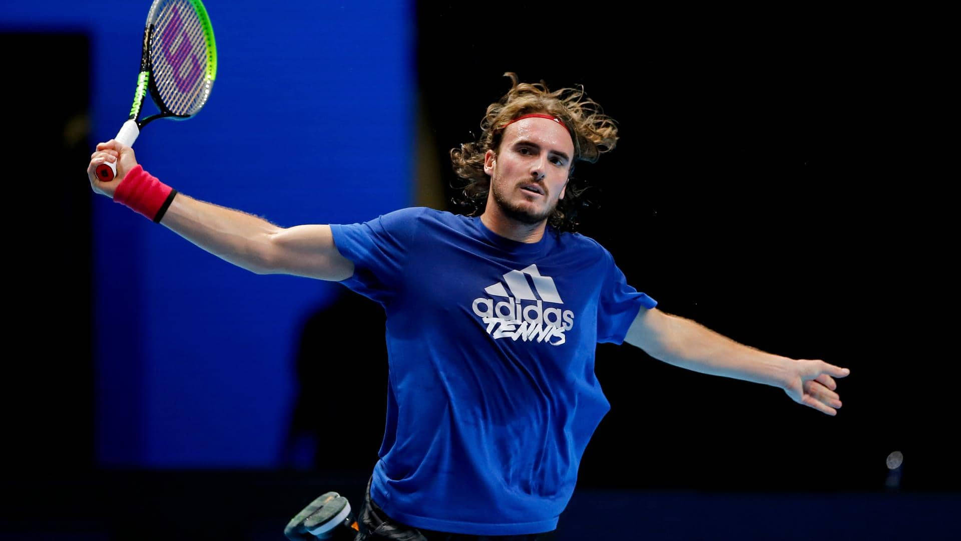 Stefanos Tsitsipas, blue adidas shirt, racket, Full HD Desktop Wallpaper