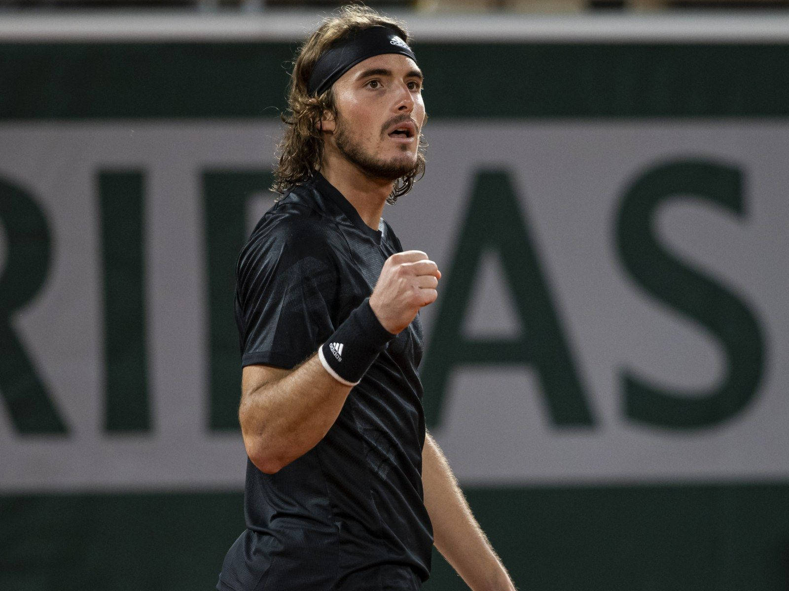 Stefanos Tsitsipas, clay court, long hair, HD Desktop Wallpaper