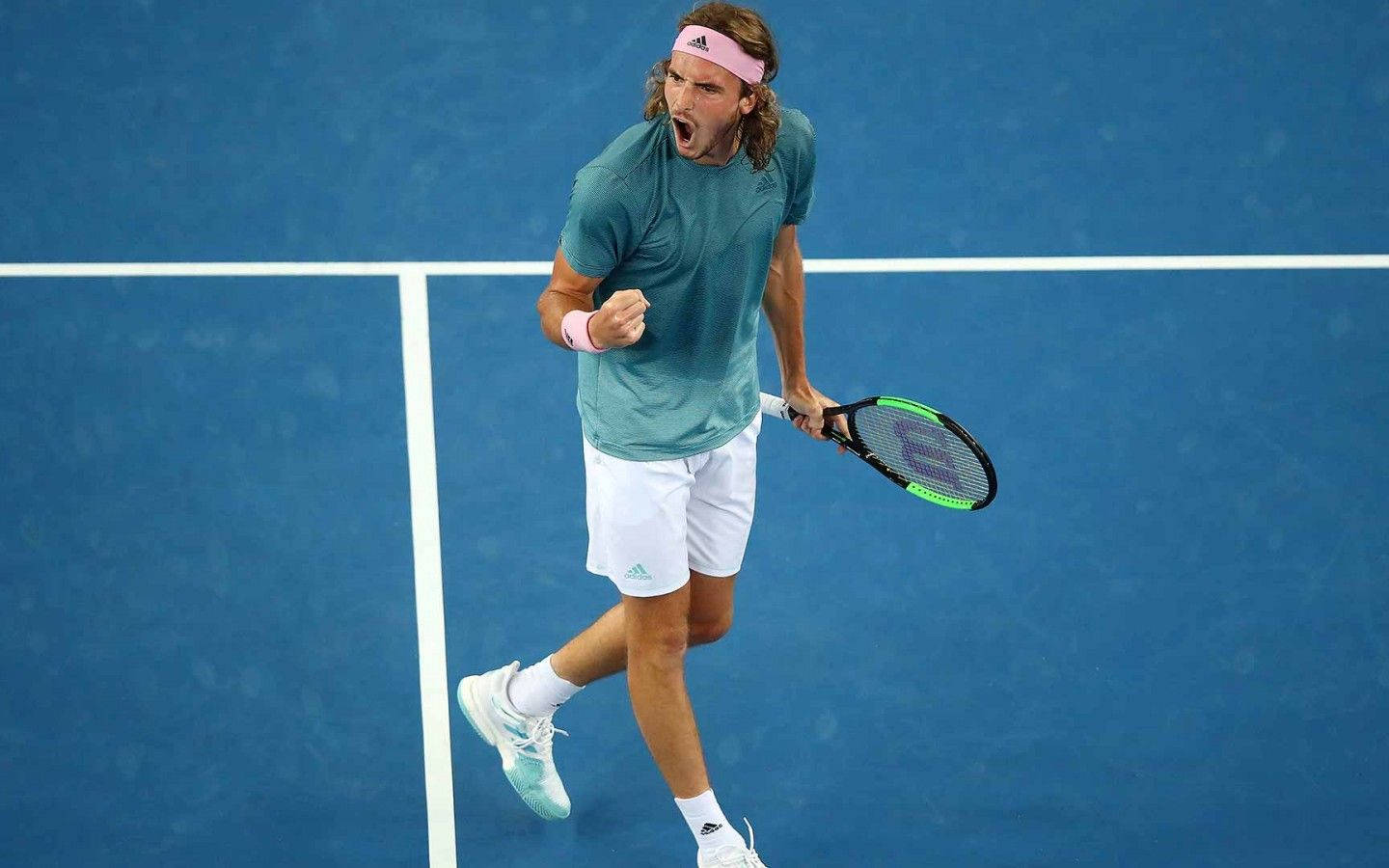 Stefanos Tsitsipas, green, blue hard court, HD Desktop Wallpaper