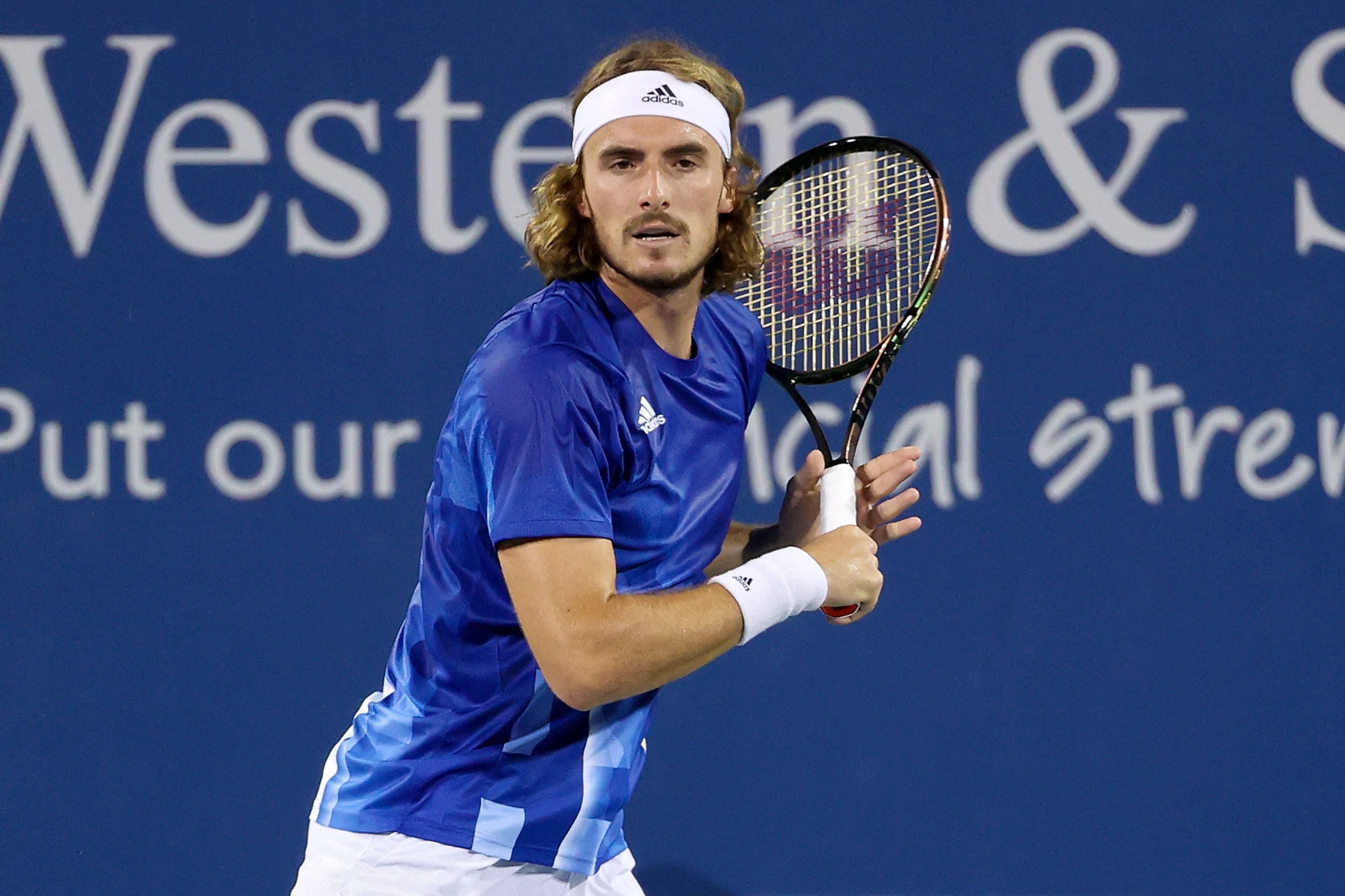 Stefanos Tsitsipas, backhand pose, blue shirt, 2K Desktop Wallpaper
