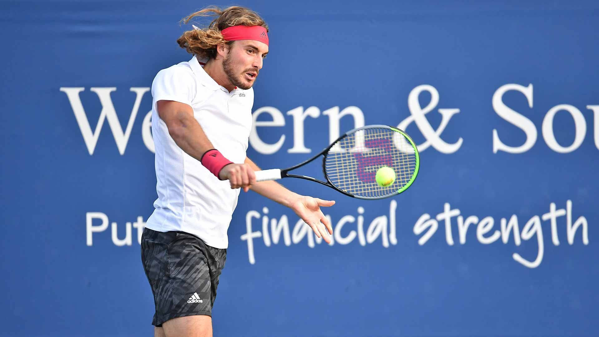 Stefanos Tsitsipas, powerful shot, yellow ball, Full HD Desktop Wallpaper