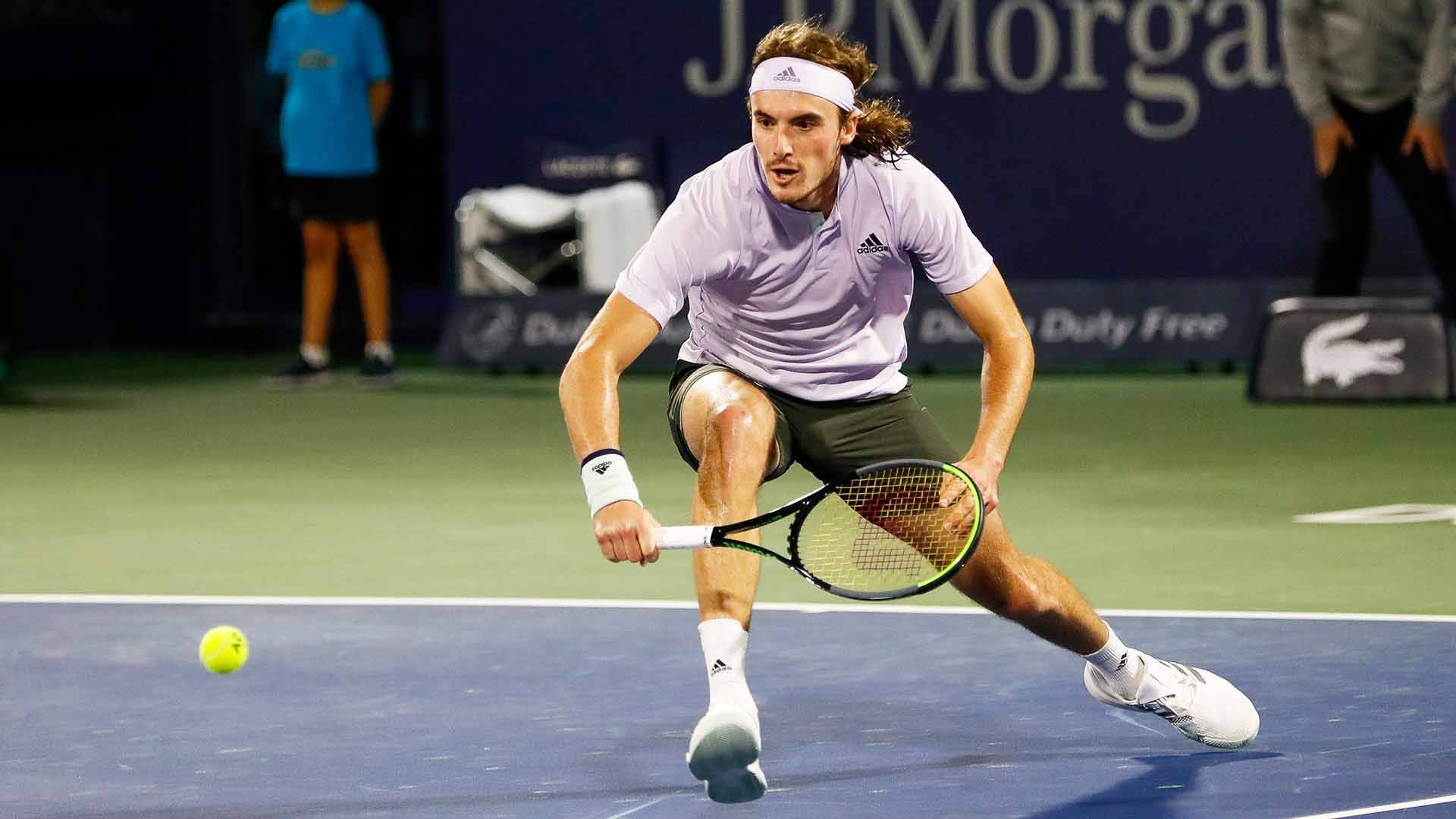 Stefanos Tsitsipas, blue court, yellow ball, Full HD Desktop Wallpaper