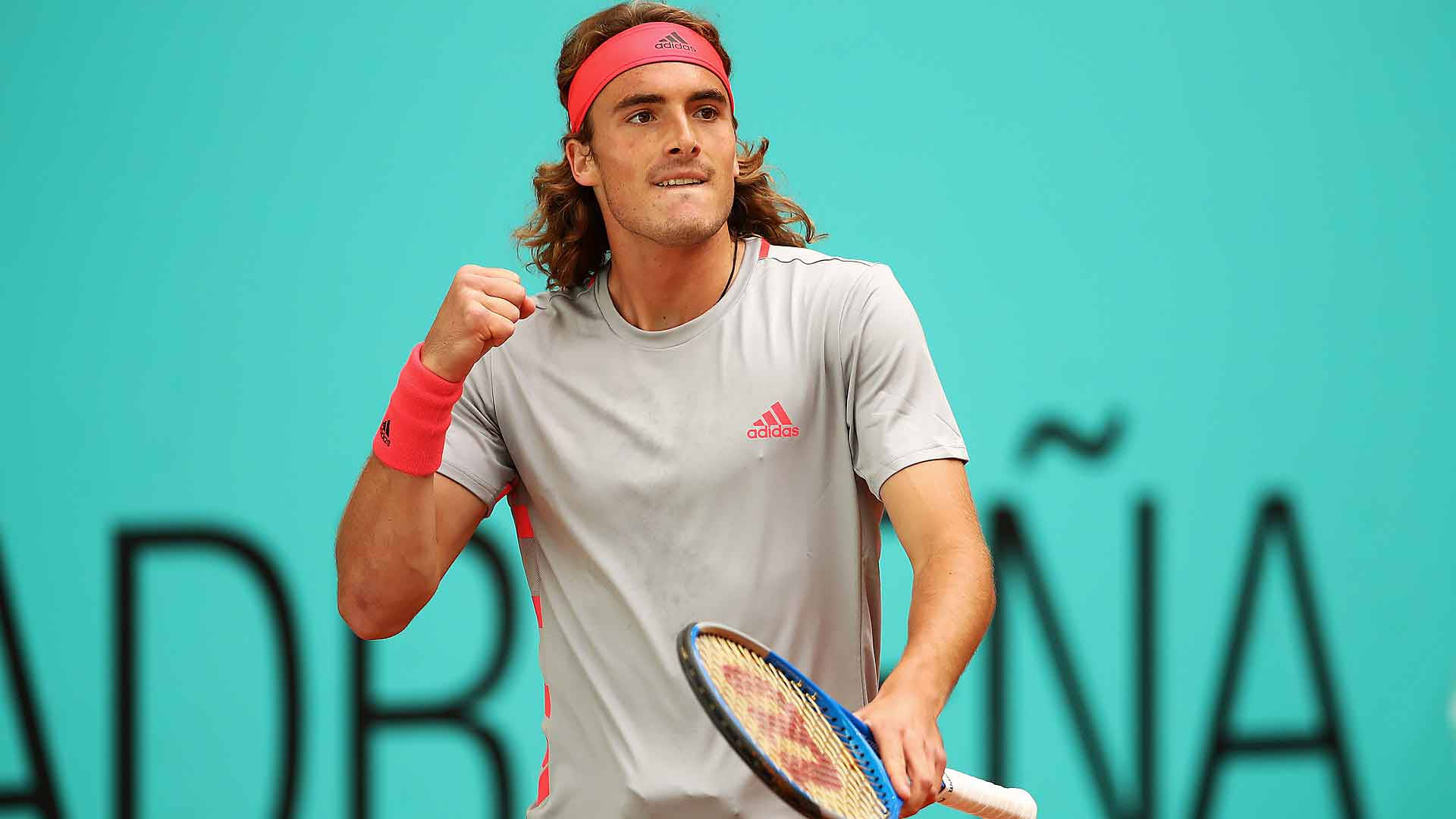Stefanos Tsitsipas, clenched fist, clay court, Full HD Desktop Wallpaper