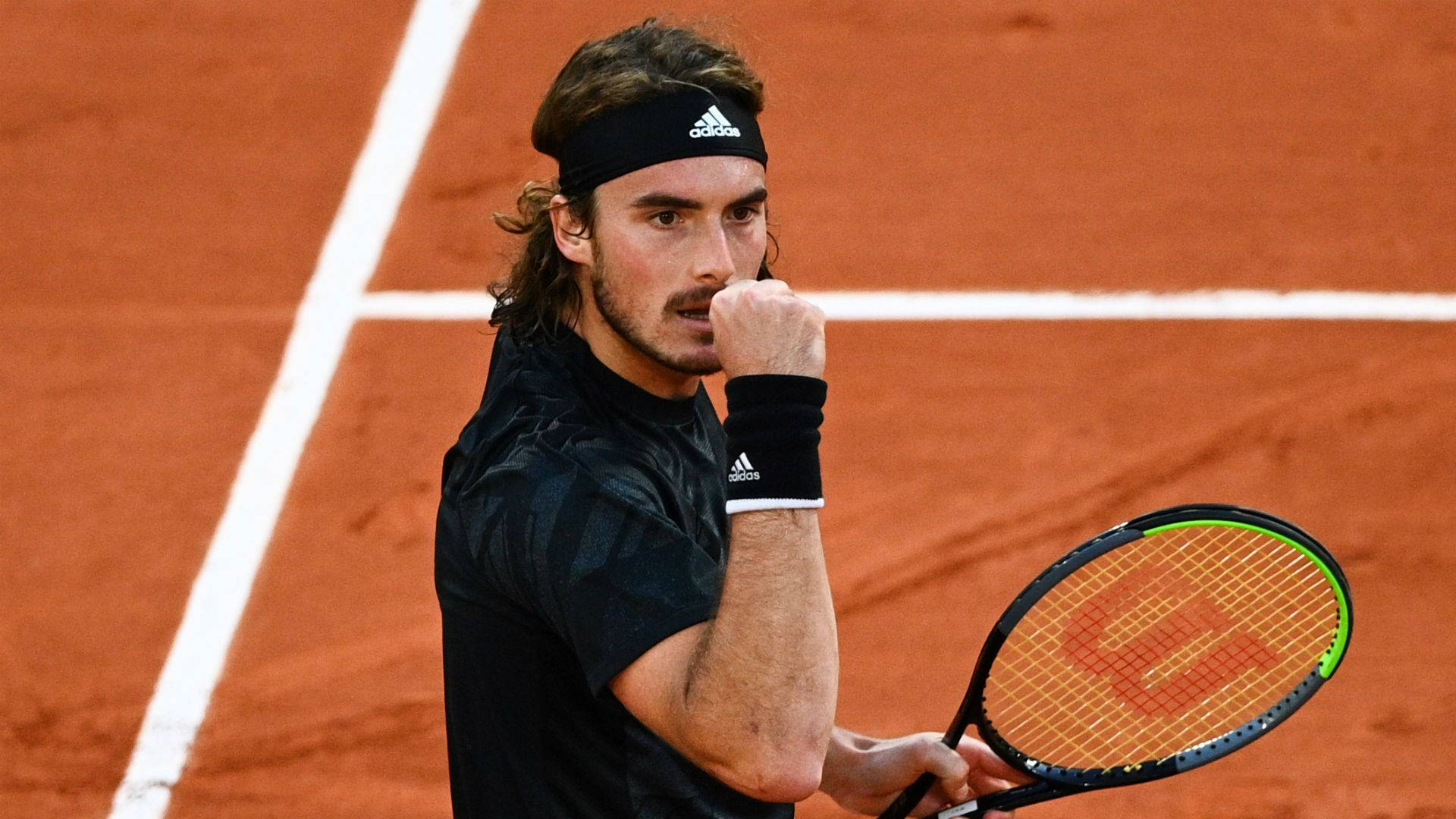 Stefanos Tsitsipas, clay court, racket, Full HD Desktop Wallpaper