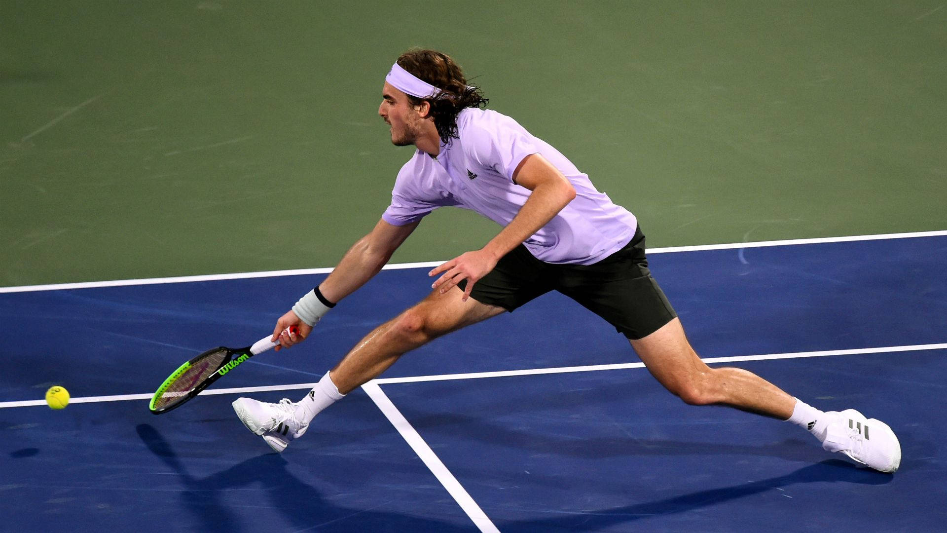 Stefanos Tsitsipas, blue court, yellow ball, Full HD Desktop Wallpaper