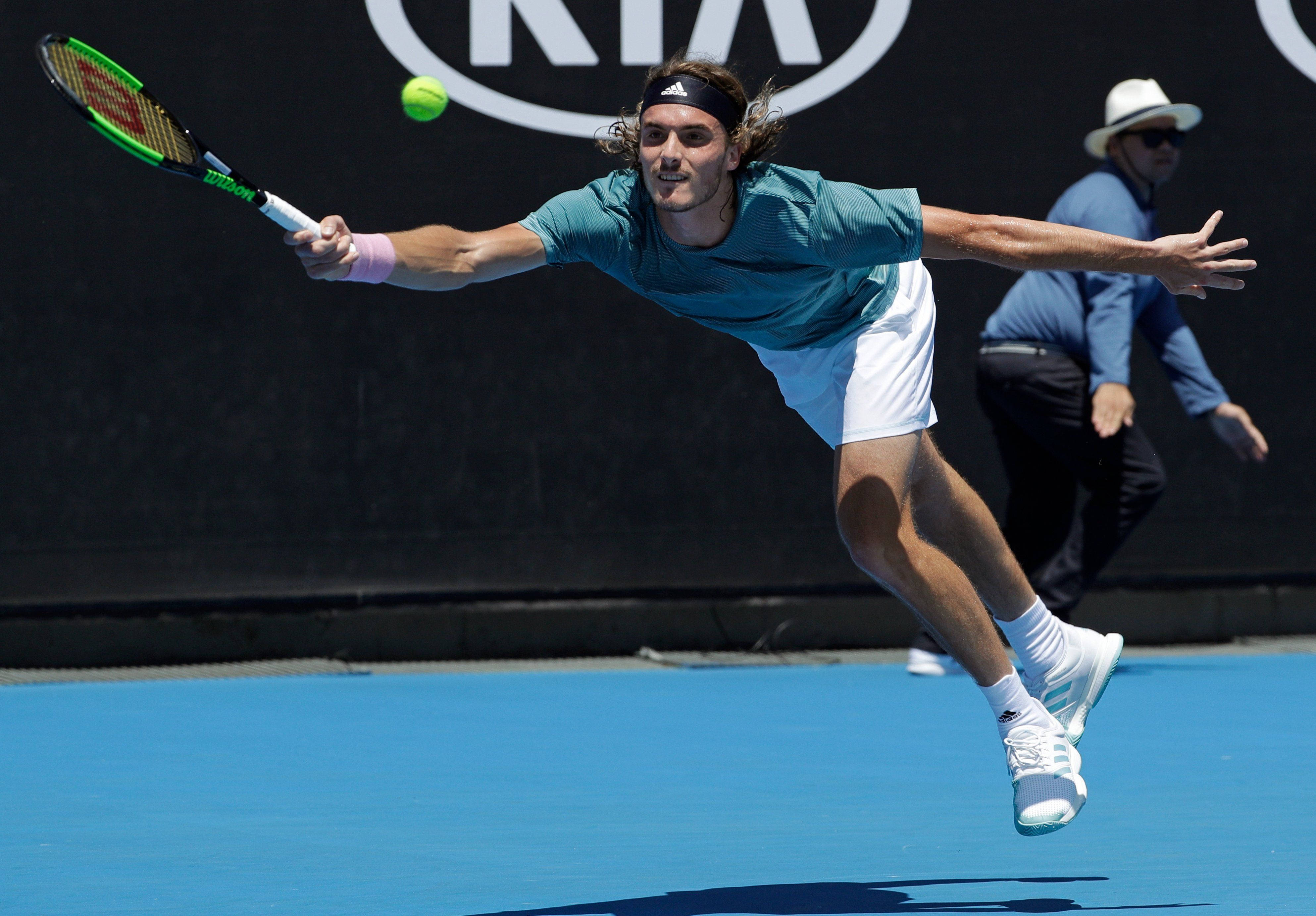 Stefanos Tsitsipas, blue court, green ball, 4K Desktop Wallpaper