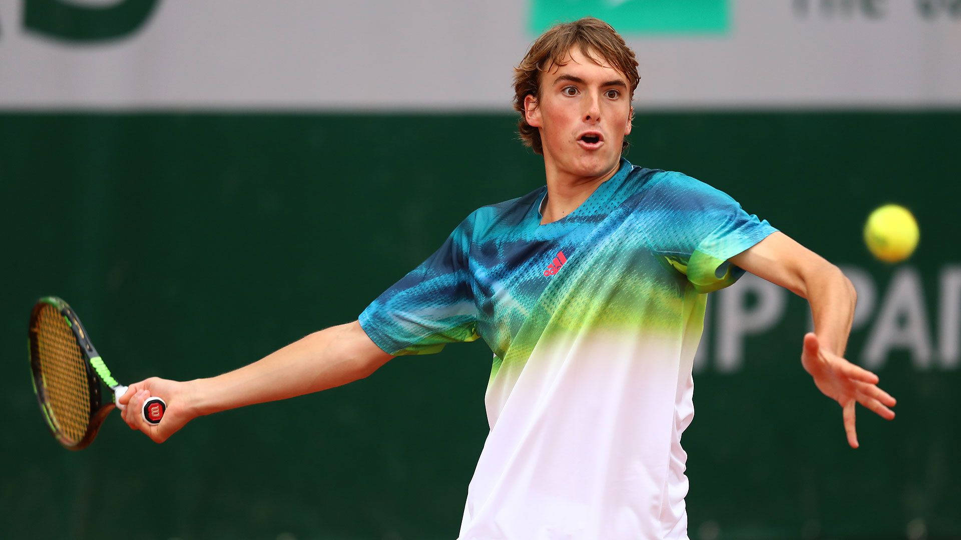 Stefanos Tsitsipas, short hair, vibrant gradient shirt, Full HD Desktop Wallpaper