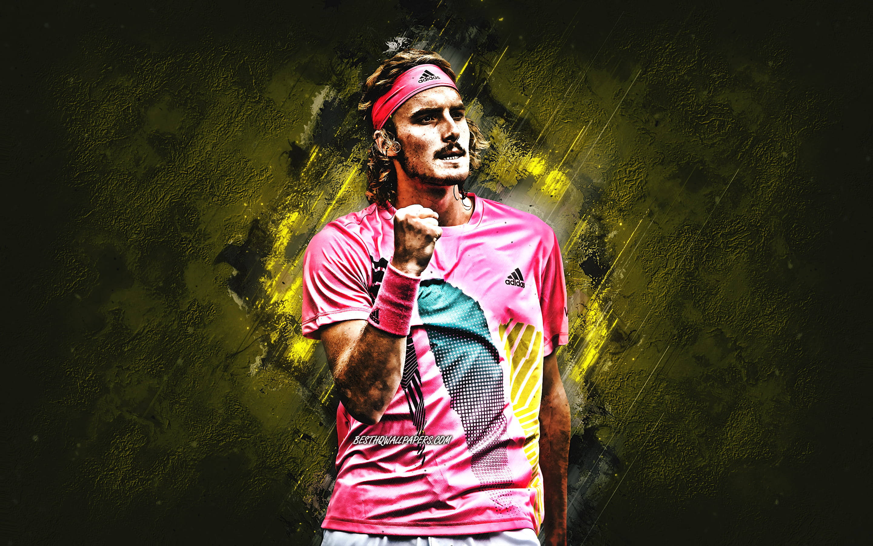 Stefanos Tsitsipas, vibrant pink shirt, gritty yellow and black textured background, 2K Desktop Wallpaper