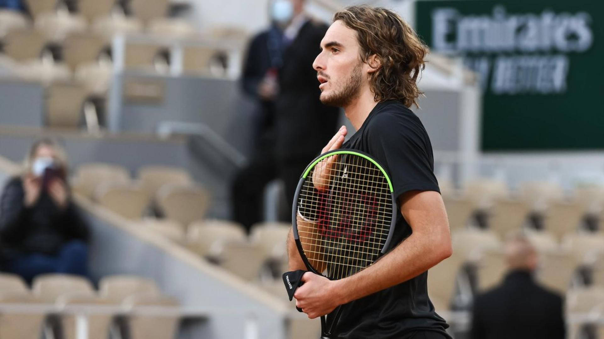 Stefanos Tsitsipas, clay court, racket, Full HD Desktop Wallpaper
