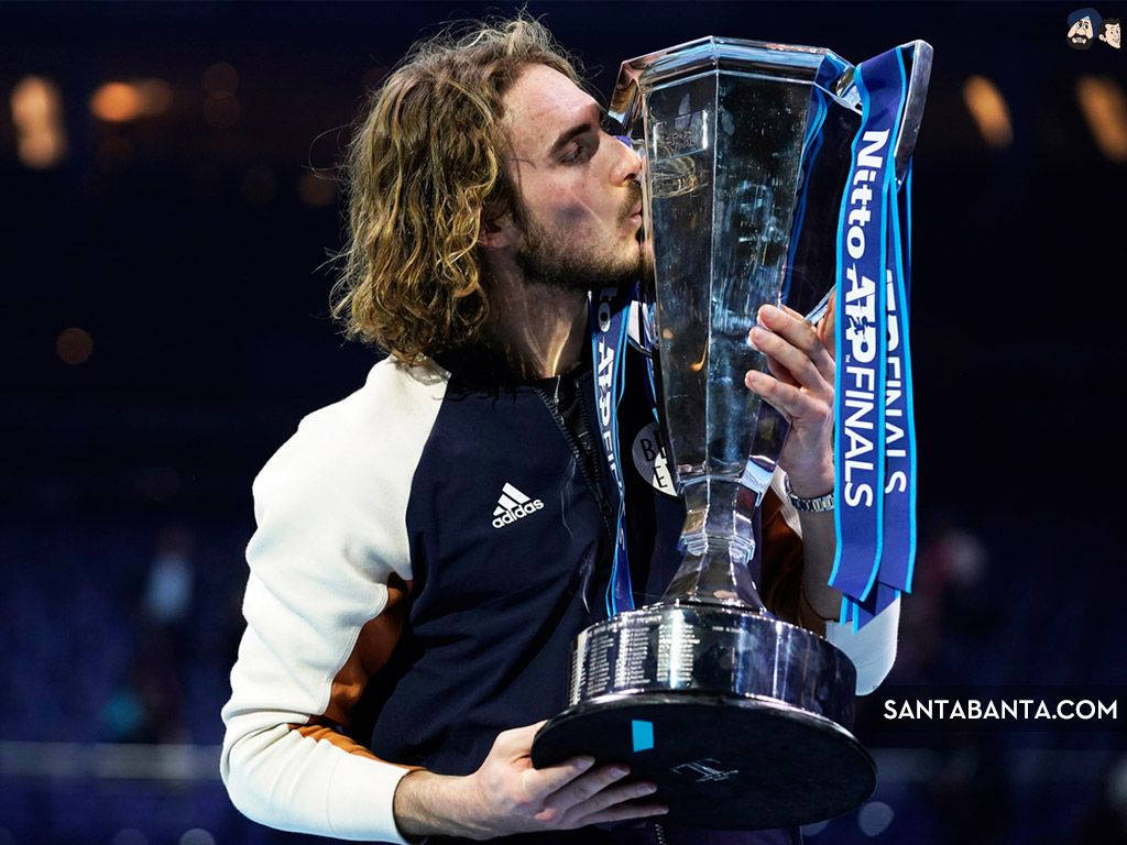 Stefanos Tsitsipas, trophy, blue ribbon, SD Desktop Wallpaper