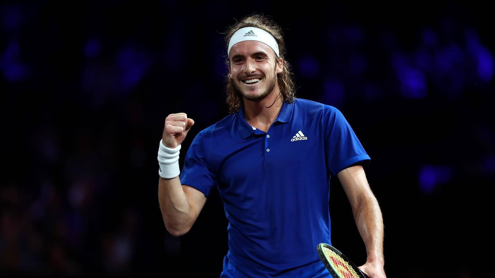 Stefanos Tsitsipas, blue shirt, clenched fist, HD Desktop Wallpaper