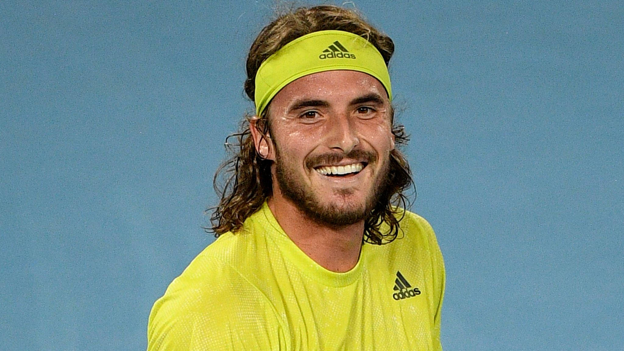 Stefanos Tsitsipas, yellow Adidas shirt, bright yellow headband, Full HD Desktop Wallpaper