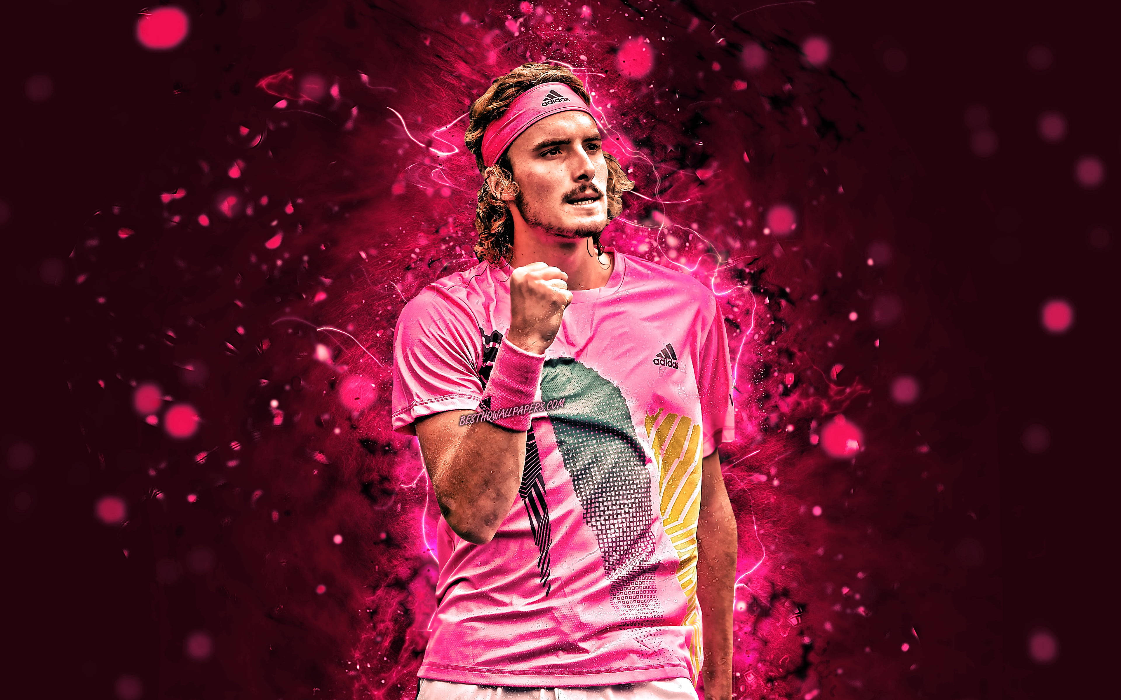 Stefanos Tsitsipas, pink outfit, vibrant pink and black explosive background, 4K Desktop Wallpaper