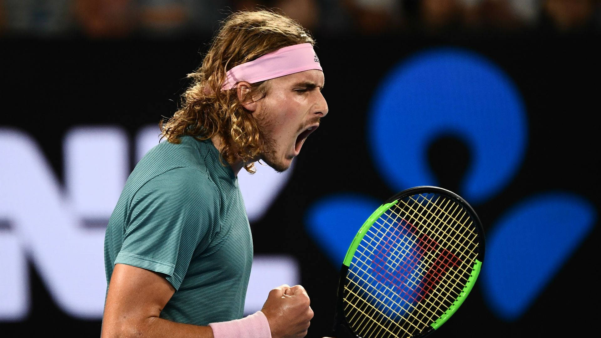 Stefanos Tsitsipas, curly hair, pink headband, Full HD Desktop Wallpaper