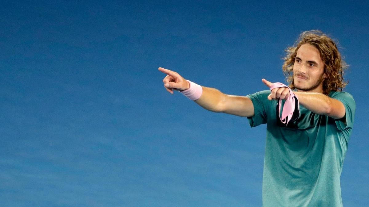 Stefanos Tsitsipas, curly hair, teal shirt, SD Desktop Wallpaper