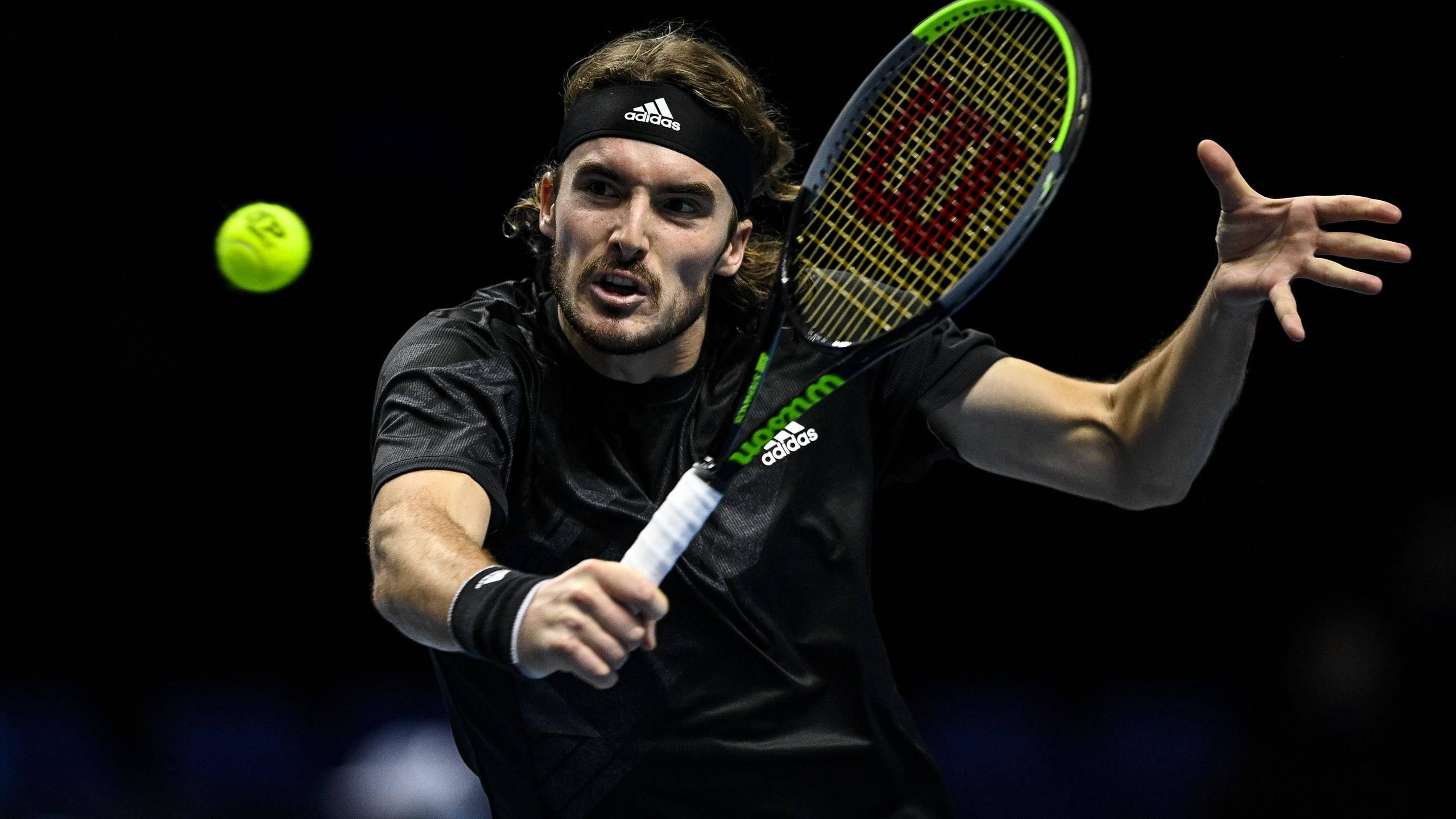 Stefanos Tsitsipas, black gear, bright yellow ball, 2K Desktop Wallpaper