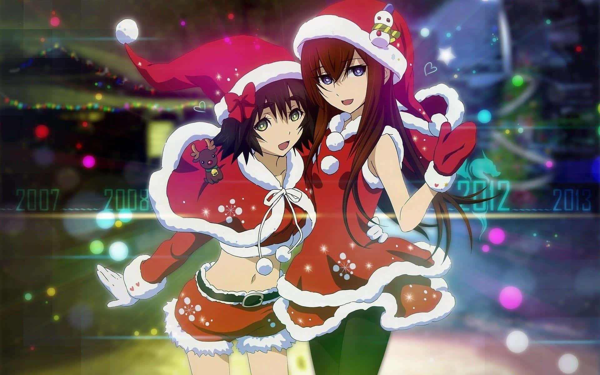 Steins Gate, anime girls, festive red Santa outfits, Full HD Desktop Wallpaper
