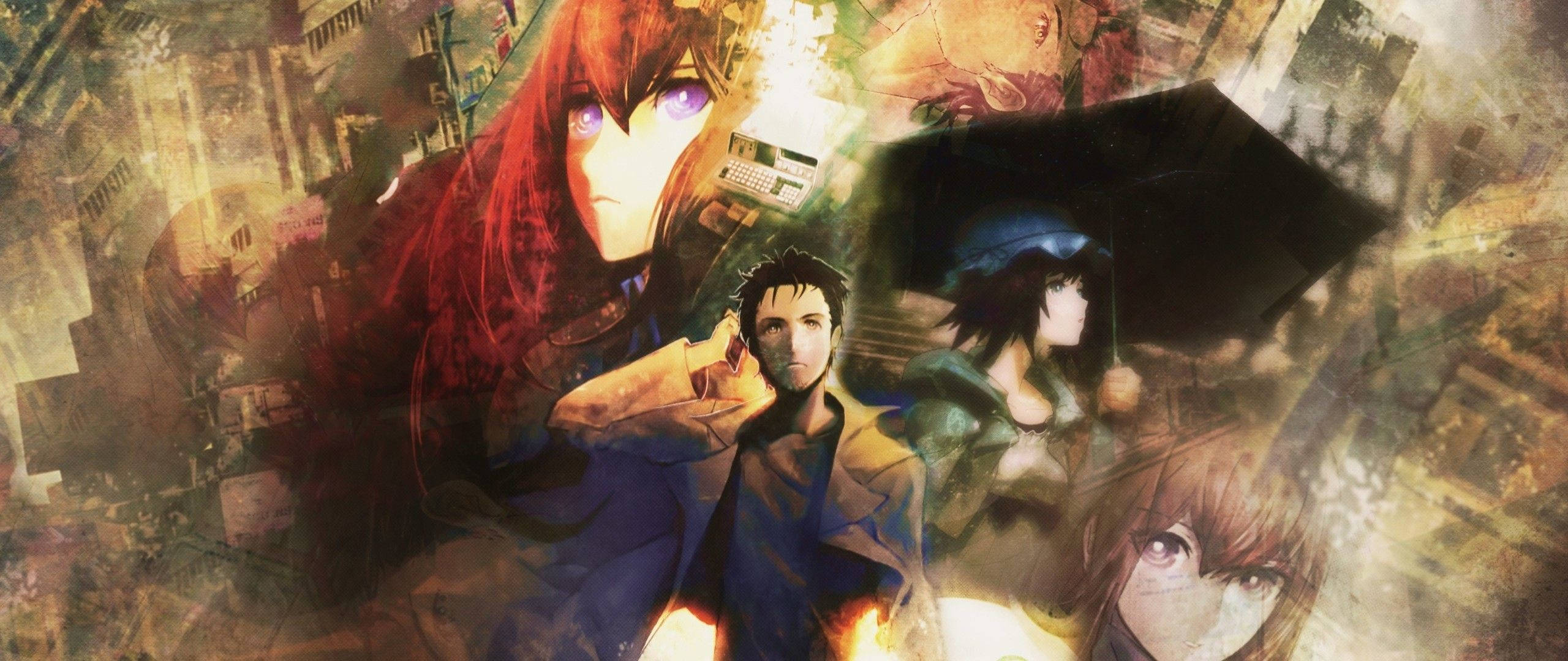 Steins Gate, anime collage, chaotic urban backdrop, 2K Desktop Wallpaper