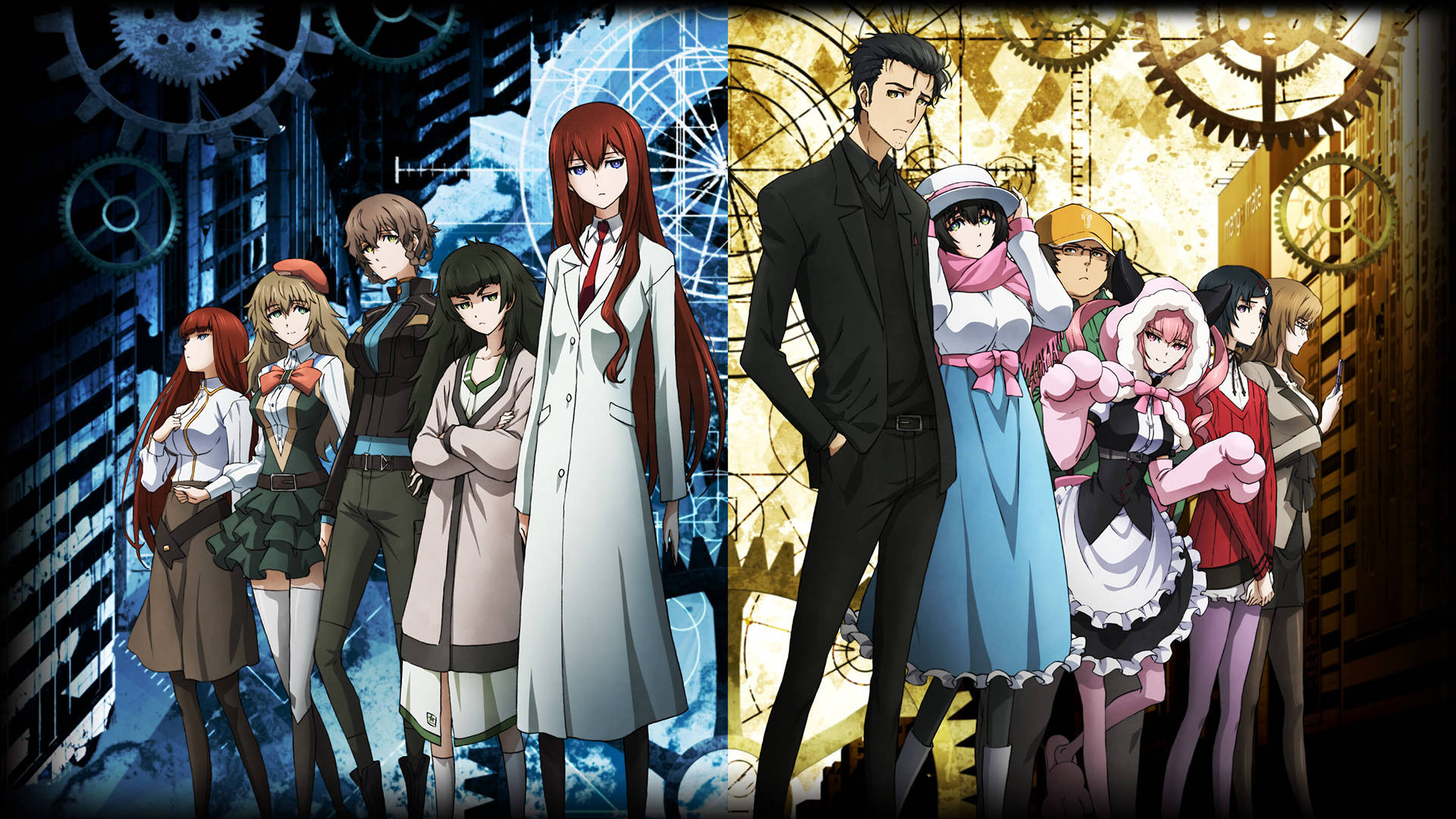 Steins Gate, steampunk gear, blue and gold tones, Full HD Desktop Wallpaper