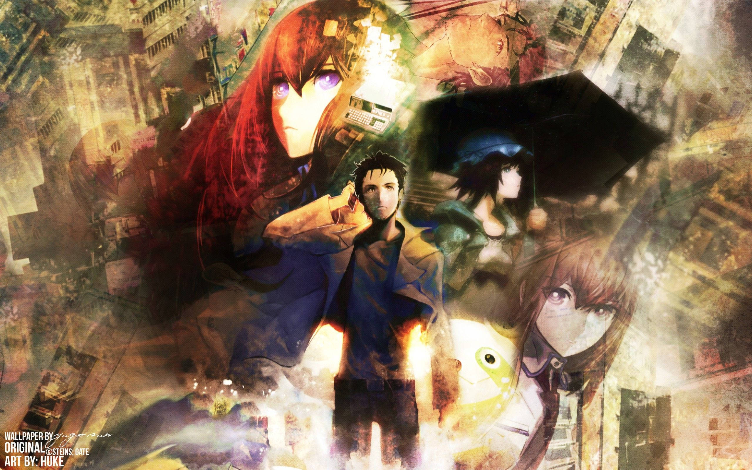 Steins Gate, glowing eyes, fragmented cityscapes, 2K Desktop Wallpaper