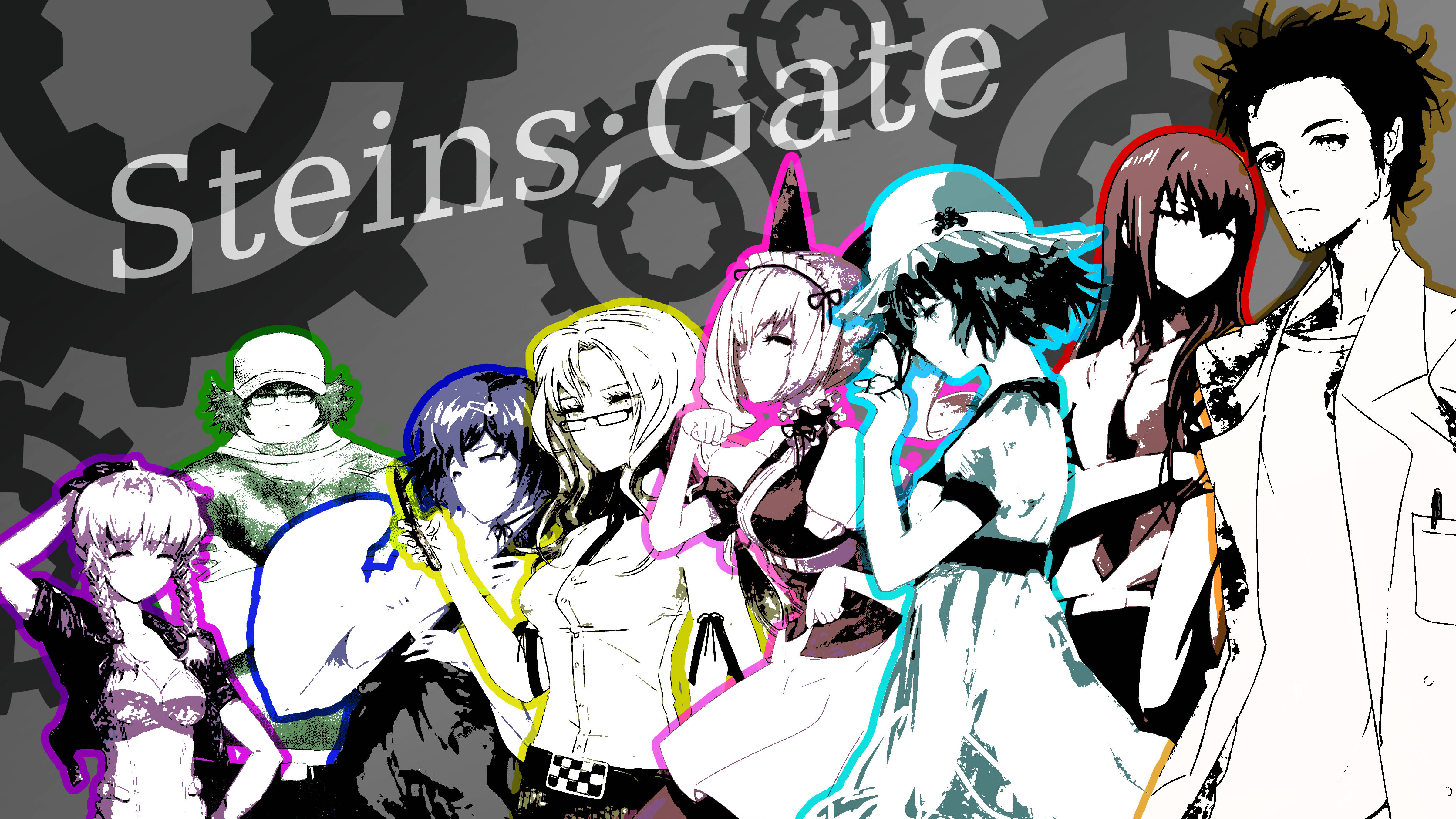 Steins Gate, anime characters, gear background, 4K Desktop Wallpaper