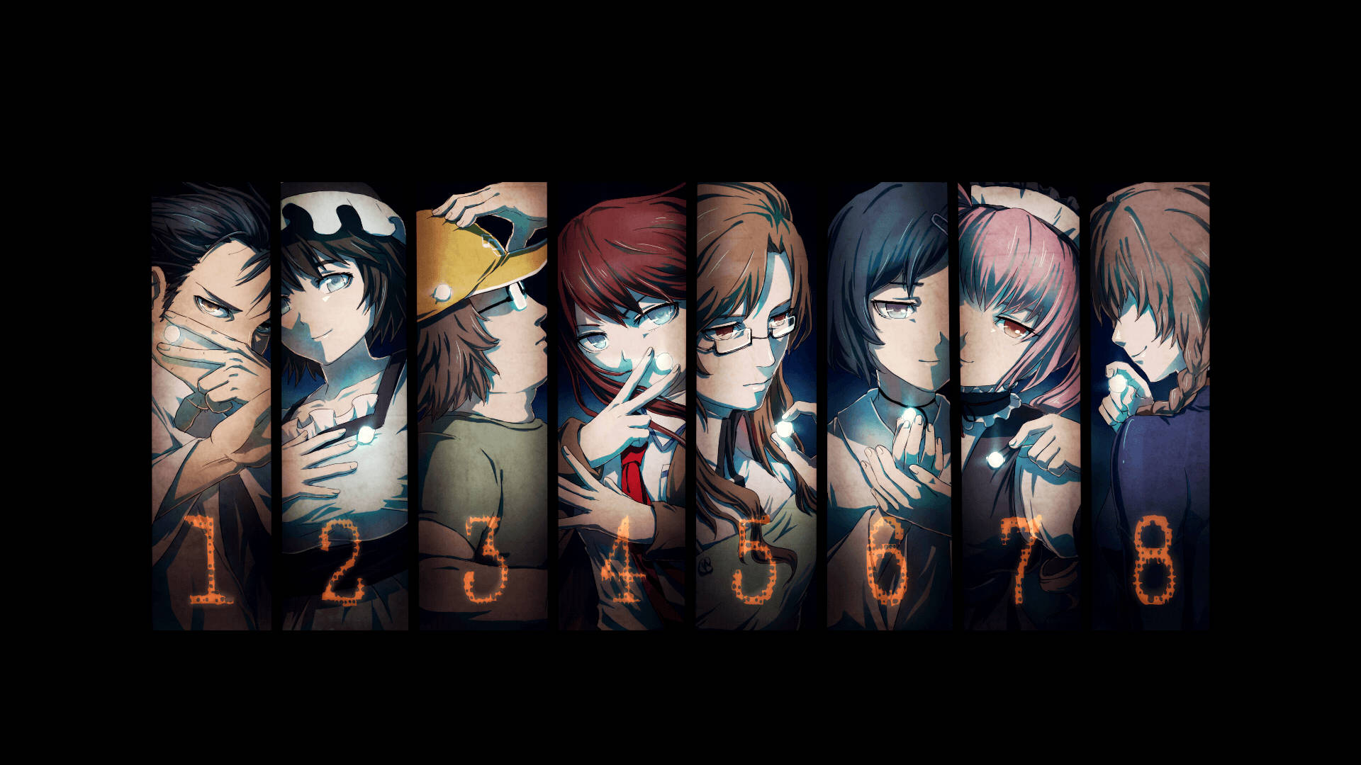 Steins Gate, eight anime characters, glowing orange digits, Full HD Desktop Wallpaper