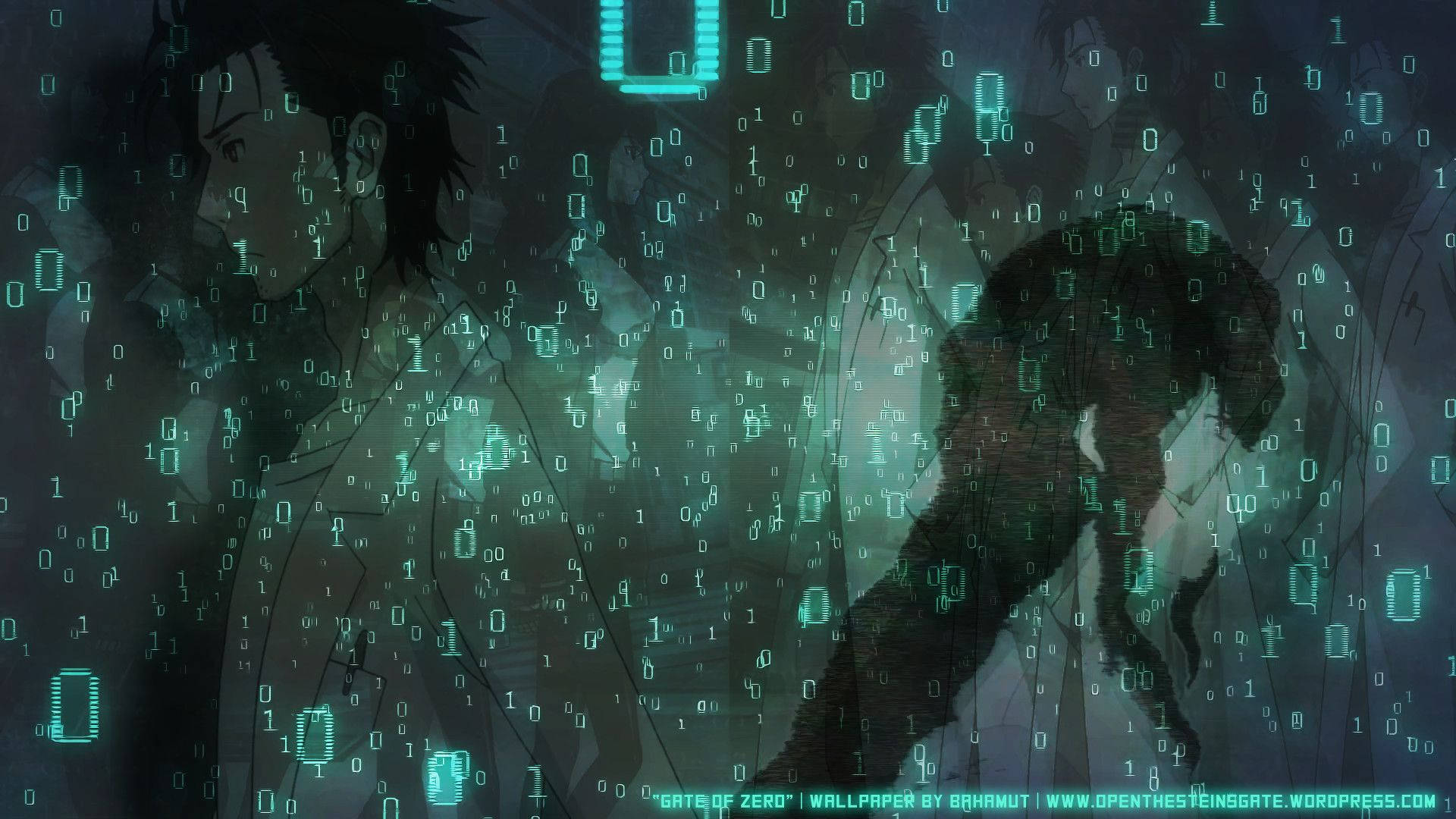 Steins Gate, teal binary code, cyberpunk scene, Full HD Desktop Wallpaper
