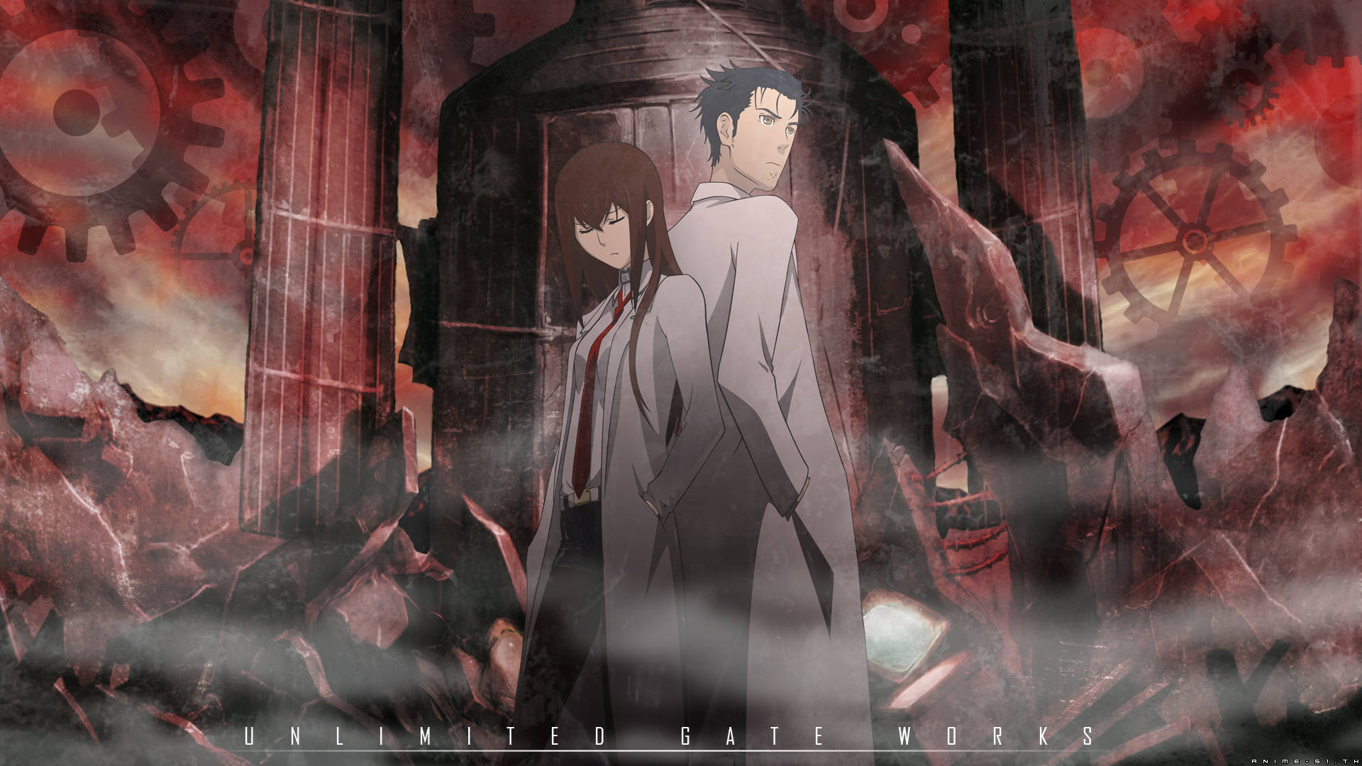 Steins Gate, collapsed building, red gears, Full HD Desktop Wallpaper