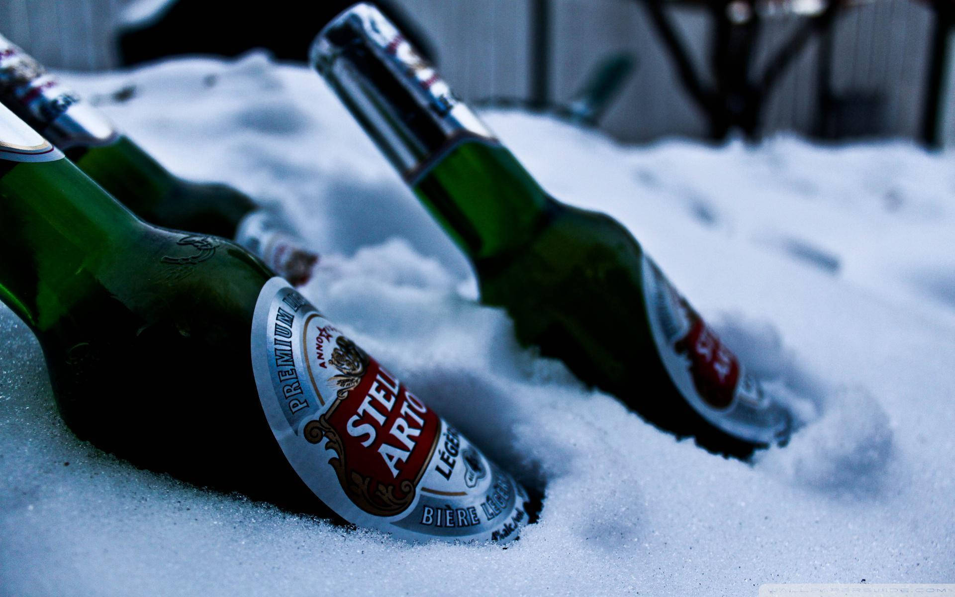 Stella Artois, green beer bottles, fresh snow, Full HD Desktop Wallpaper