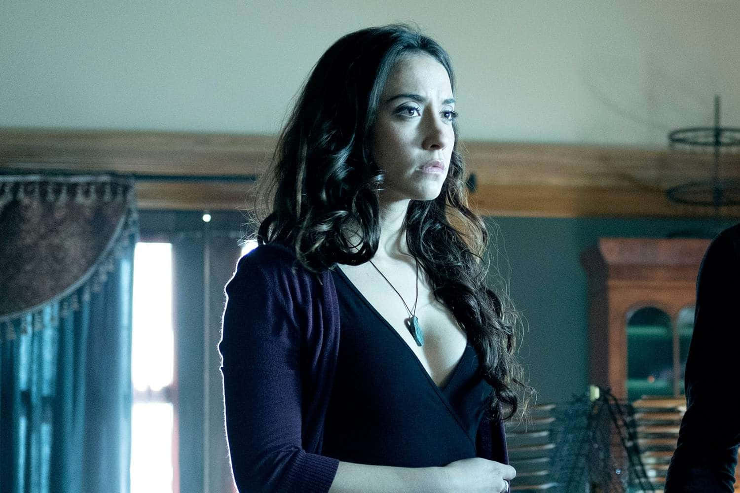 Stella Maeve, dark purple cardigan, black dress, HD Desktop Wallpaper