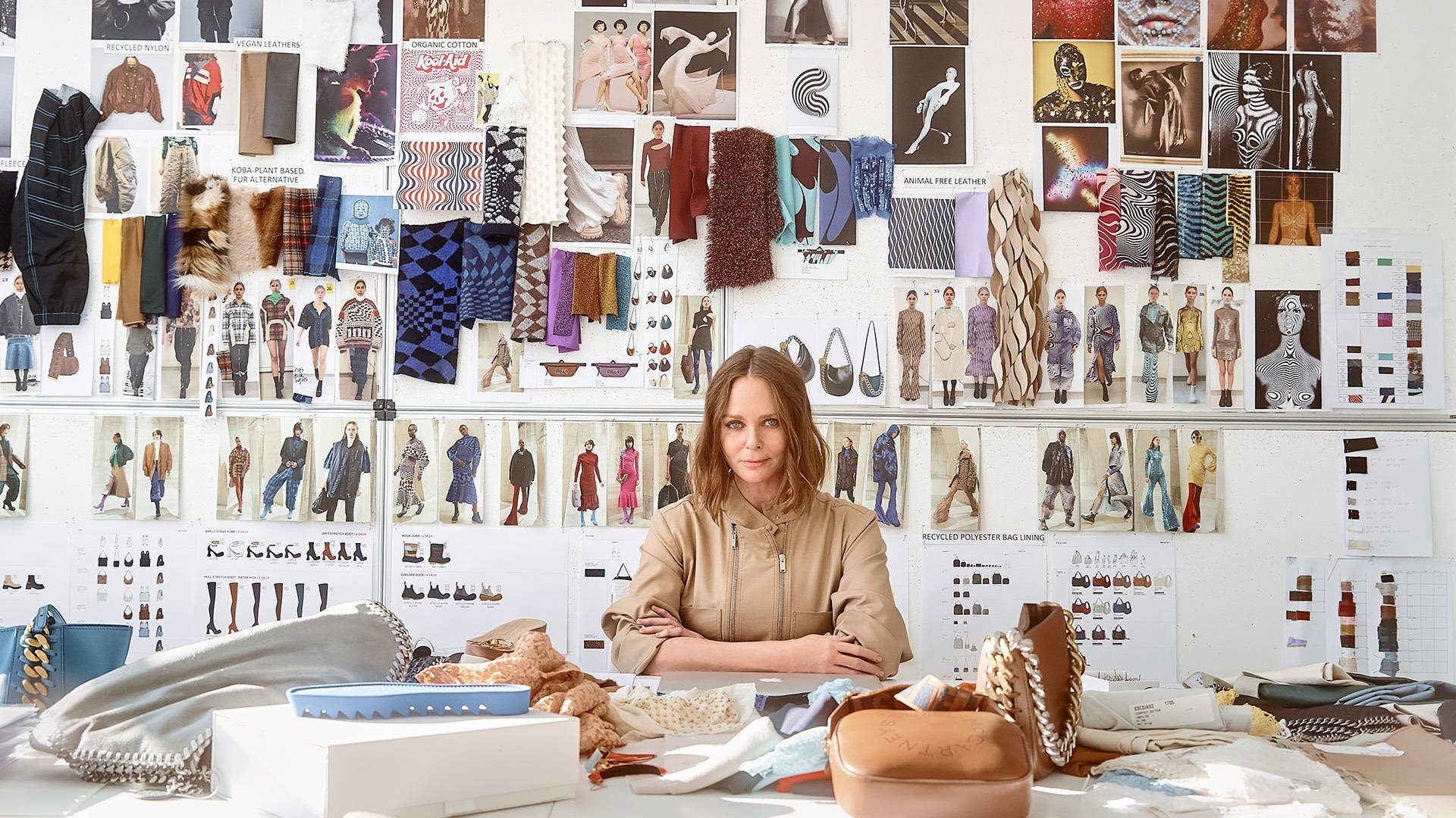 Stella McCartney, fashion studio, cluttered desk, Full HD Desktop Wallpaper