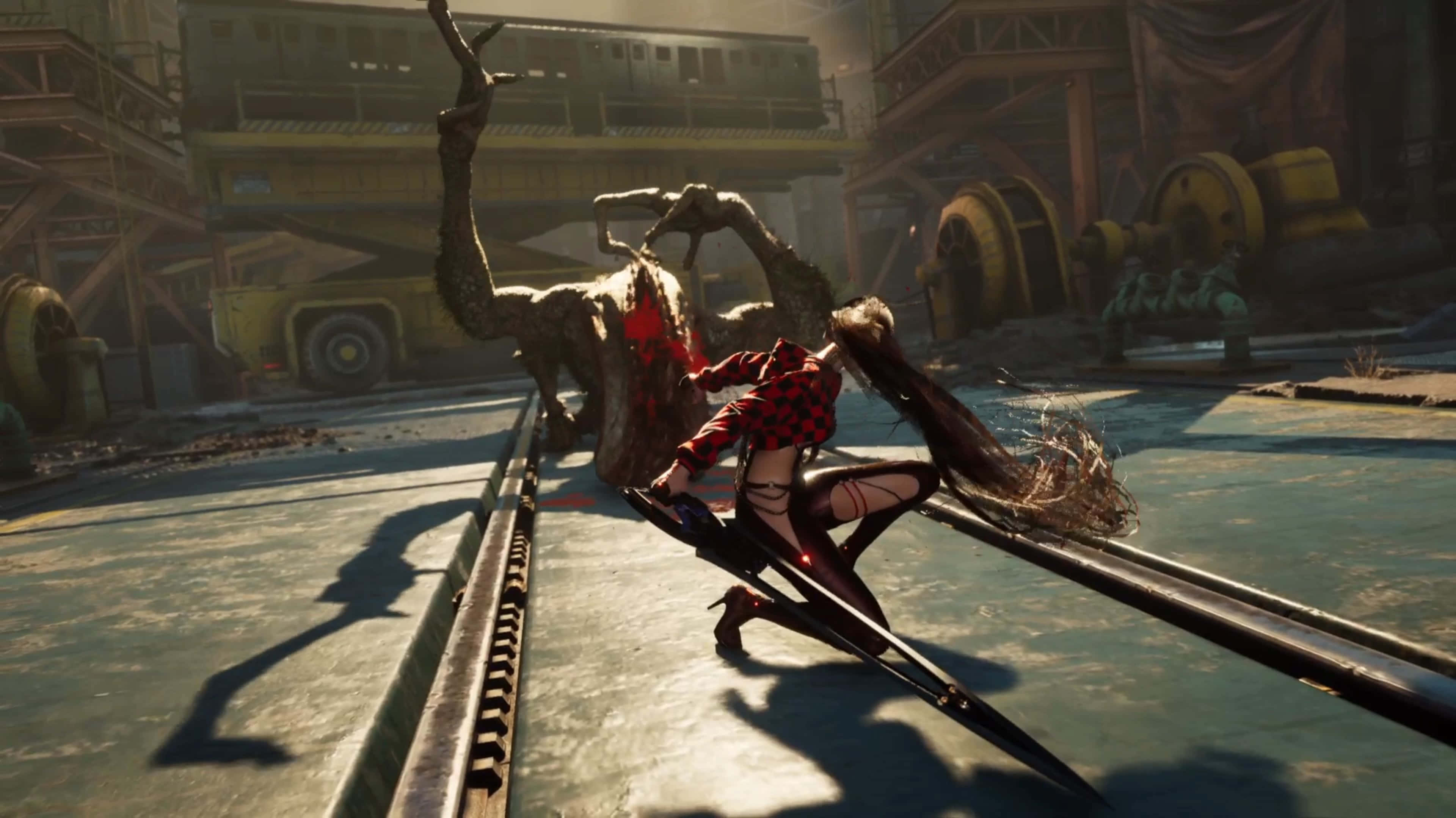 Stellar Blade, red checkered outfit, monstrous creature, 4K Desktop Wallpaper