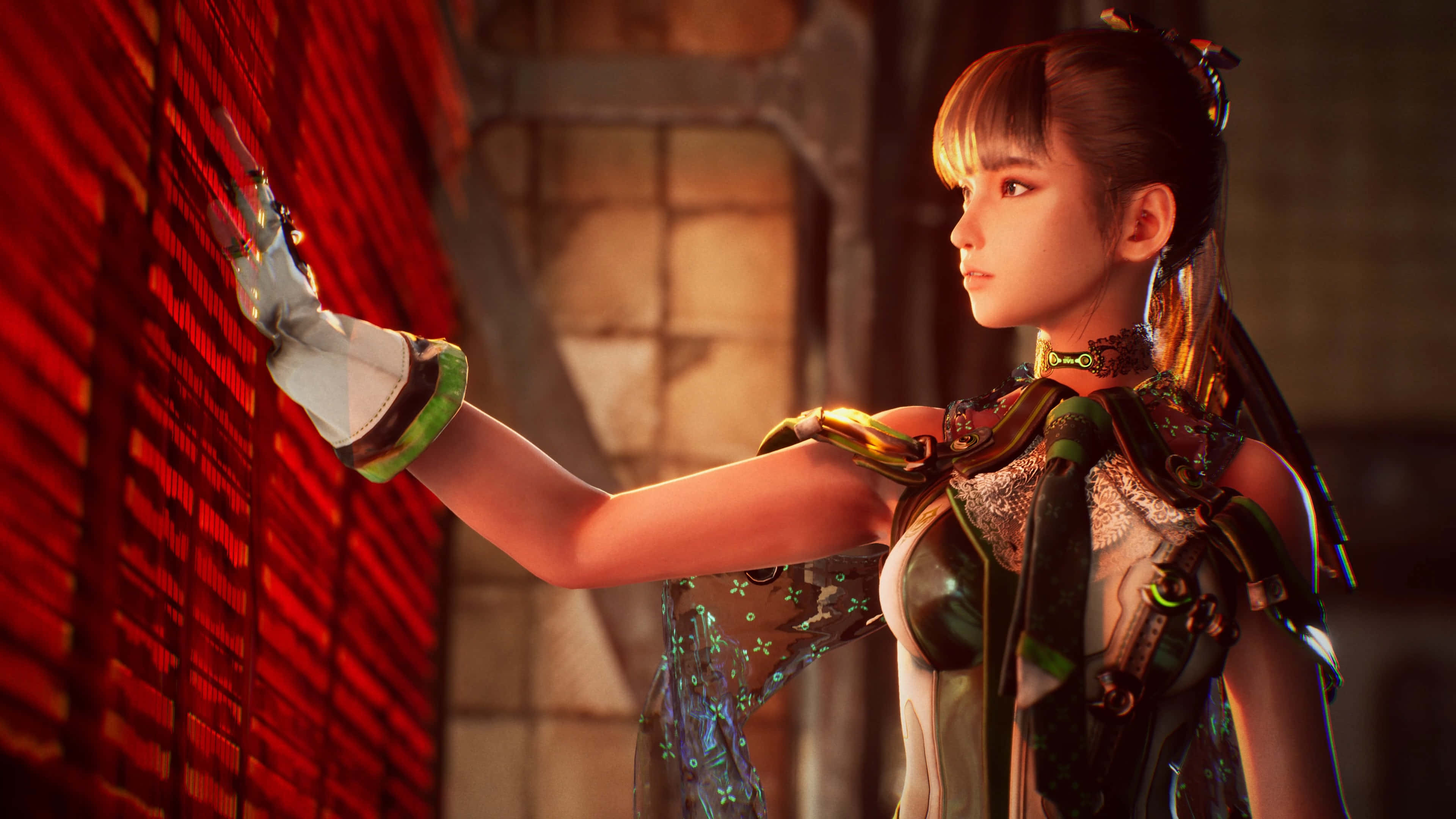 Stellar Blade, female warrior, ornate green and gold armor, 4K Desktop Wallpaper