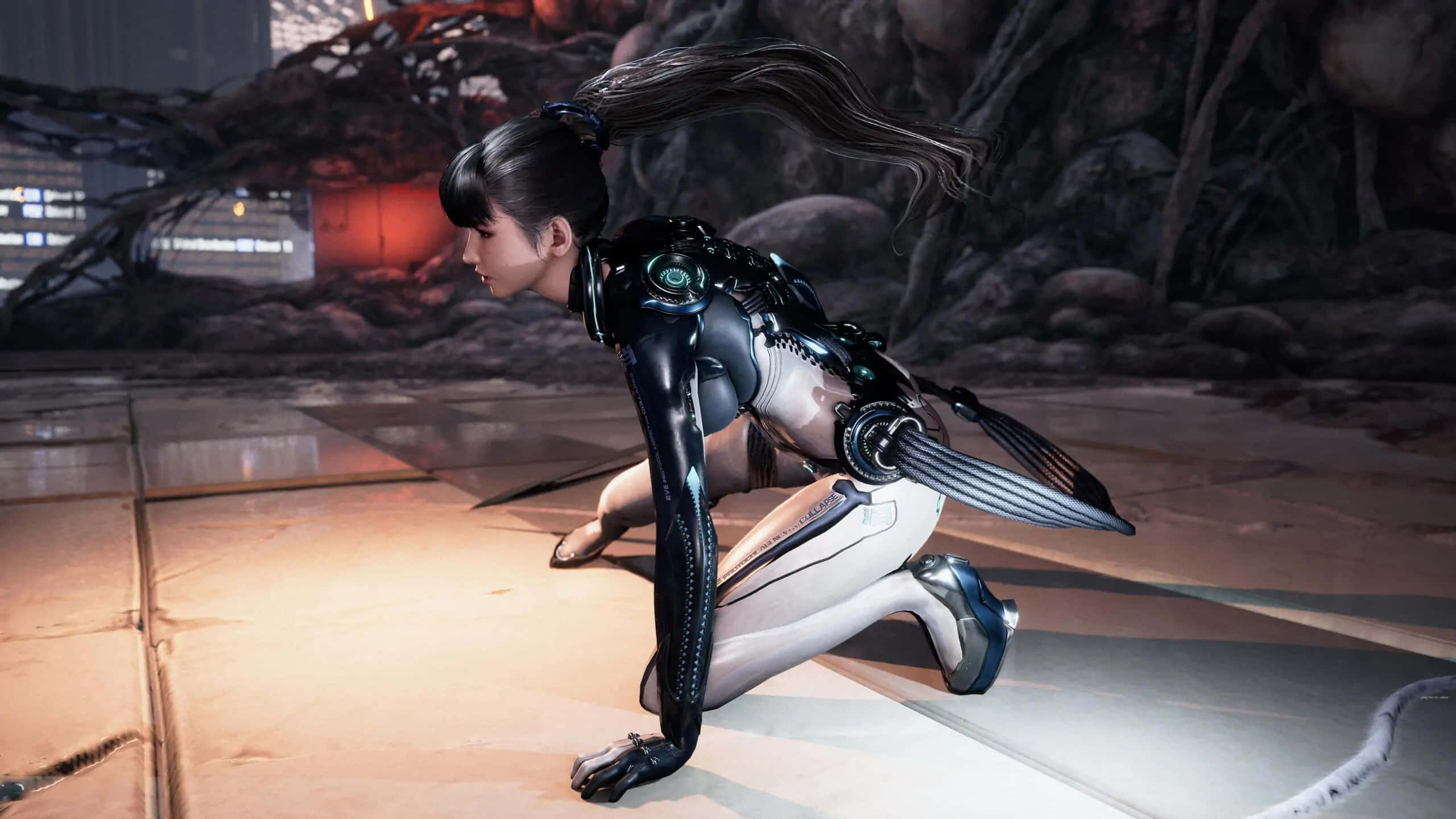 Stellar Blade, female character, crouching, 2K Desktop Wallpaper