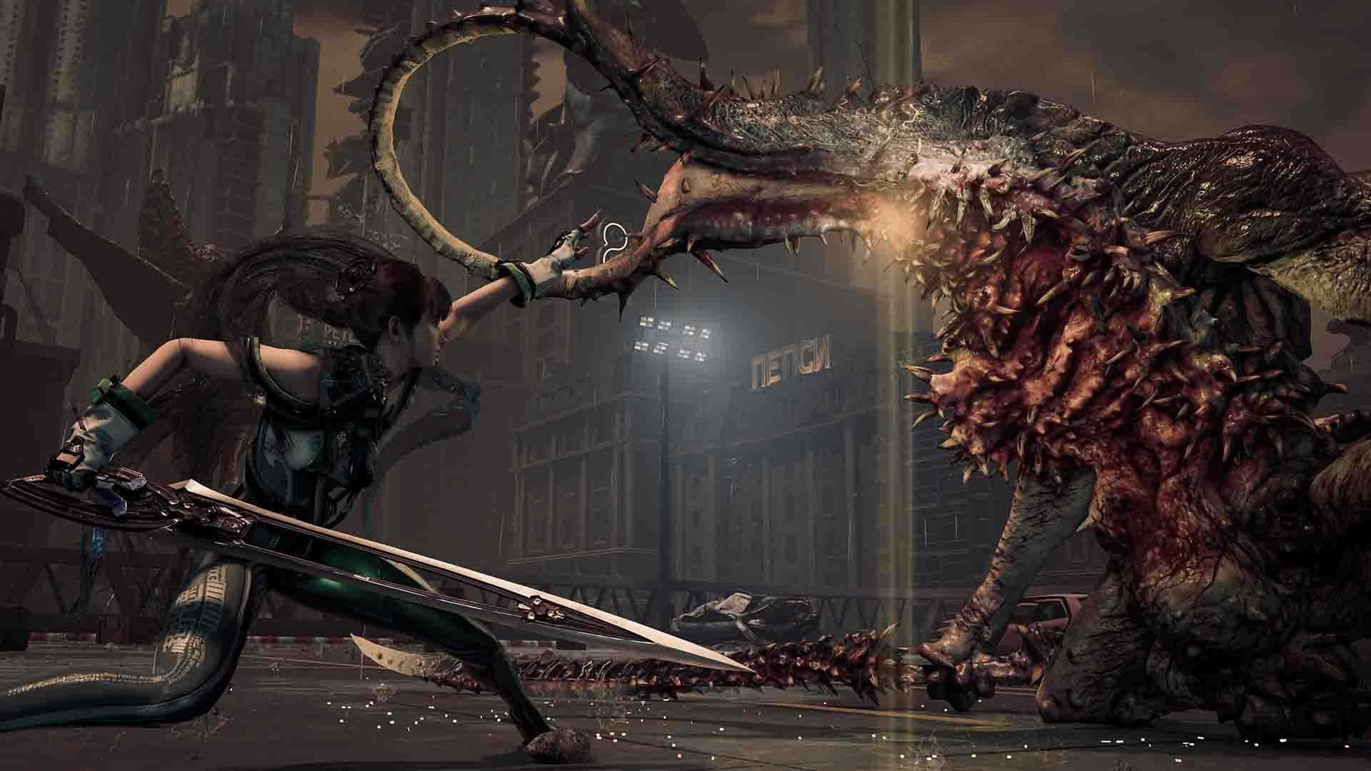 Stellar Blade, green armor, spiked monstrous creature, Full HD Desktop Wallpaper