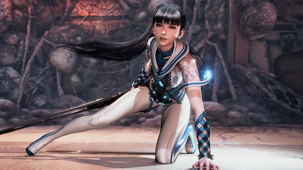 Stellar Blade, female character, crouching, SD Desktop Wallpaper