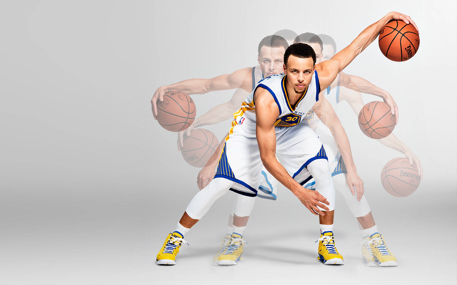 Steph Curry, white and blue uniform, ghostly overlays, HD Desktop Wallpaper