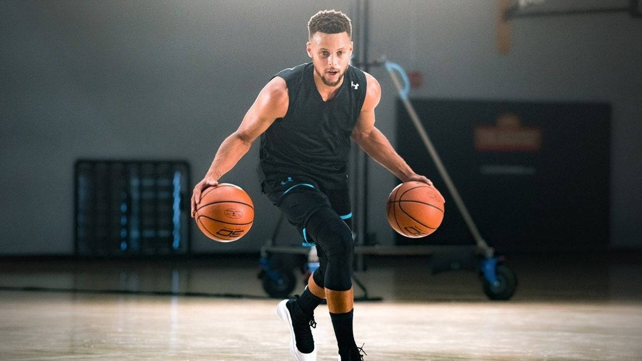 Steph Curry, orange balls, dimly lit indoor gym, HD Desktop Wallpaper