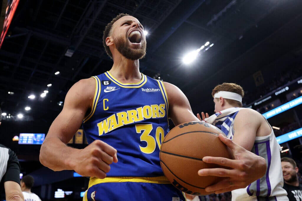 Steph Curry, blue Warriors jersey, basketball player, SD Desktop Wallpaper
