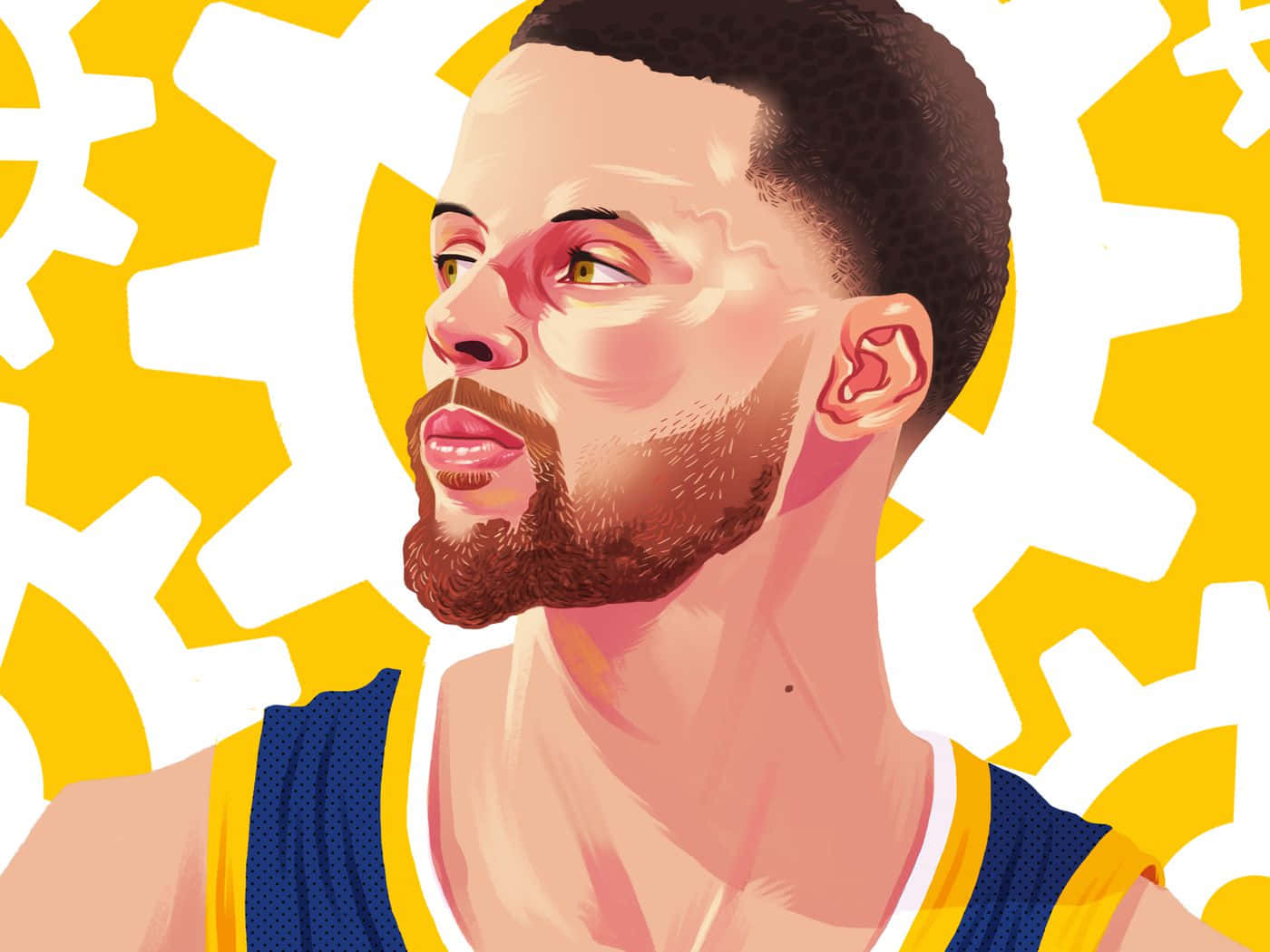 Stephen Curry, blue and yellow jersey, bold yellow and white gear pattern background, HD Desktop Wallpaper