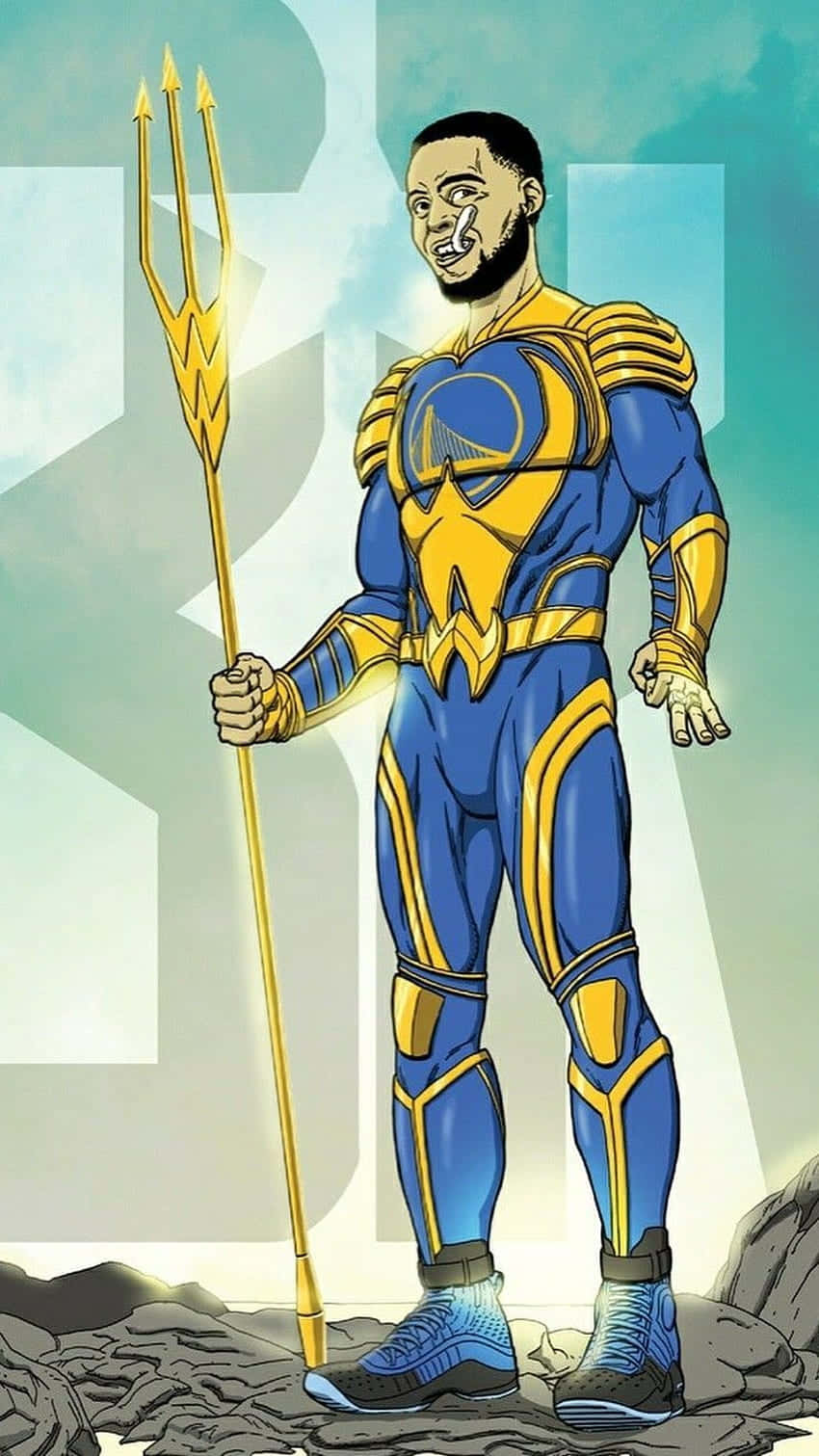 Stephen Curry, blue and gold superhero suit, golden trident, HD Phone Wallpaper