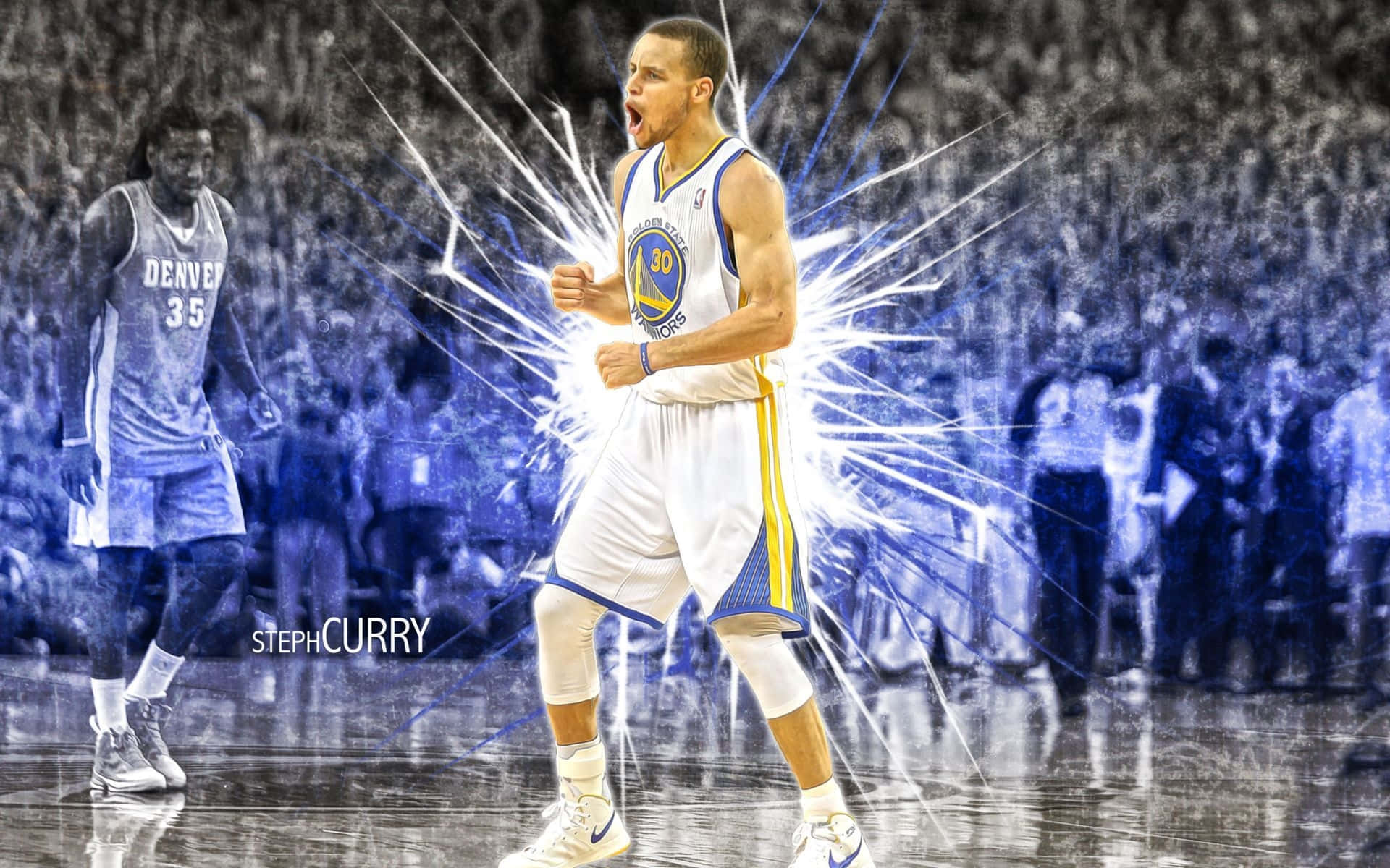 Stephen Curry, golden jersey, radiant blue energy bursts, Full HD Desktop Wallpaper